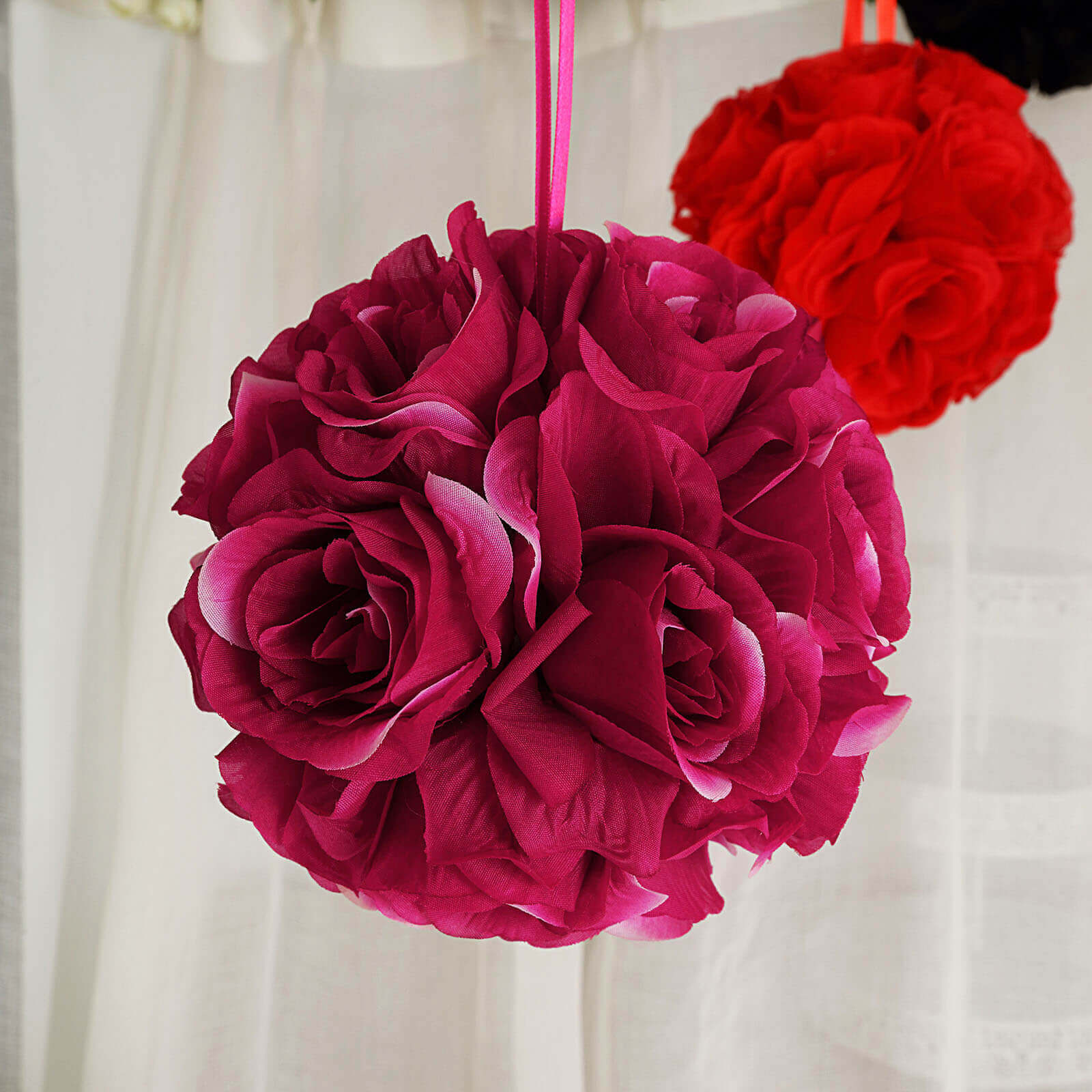 2 Pack 7" Fuchsia Artificial Silk Rose Kissing Ball, Flower Ball