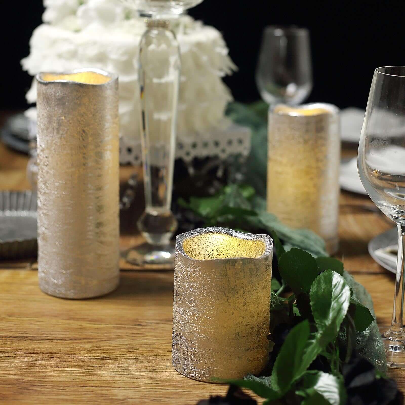 Set of 3 LED Flameless Pillar Candles Remote Operated Metallic Silver - Battery Powered 4", 6", 8"