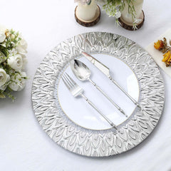 6-Pack Plastic Round Charger Plates 13" in Silver with Embossed Peacock Pattern, Stylish Disposable Charger Tableware