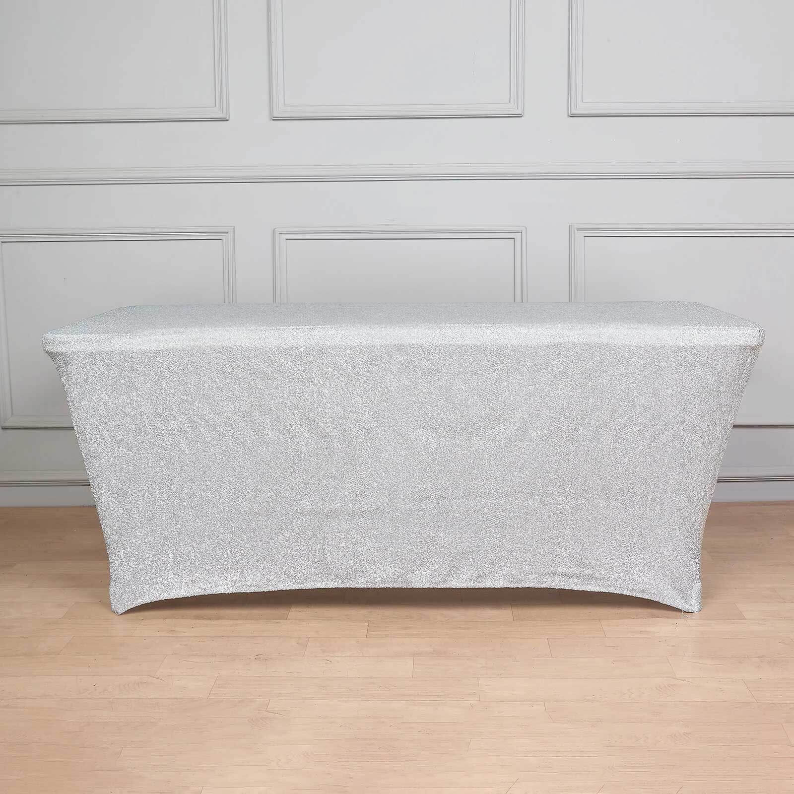 Shimmer Tinsel Spandex 72"x30" Rectangle Tablecloth Metallic Silver Glittered Shiny Stretch Table Cover