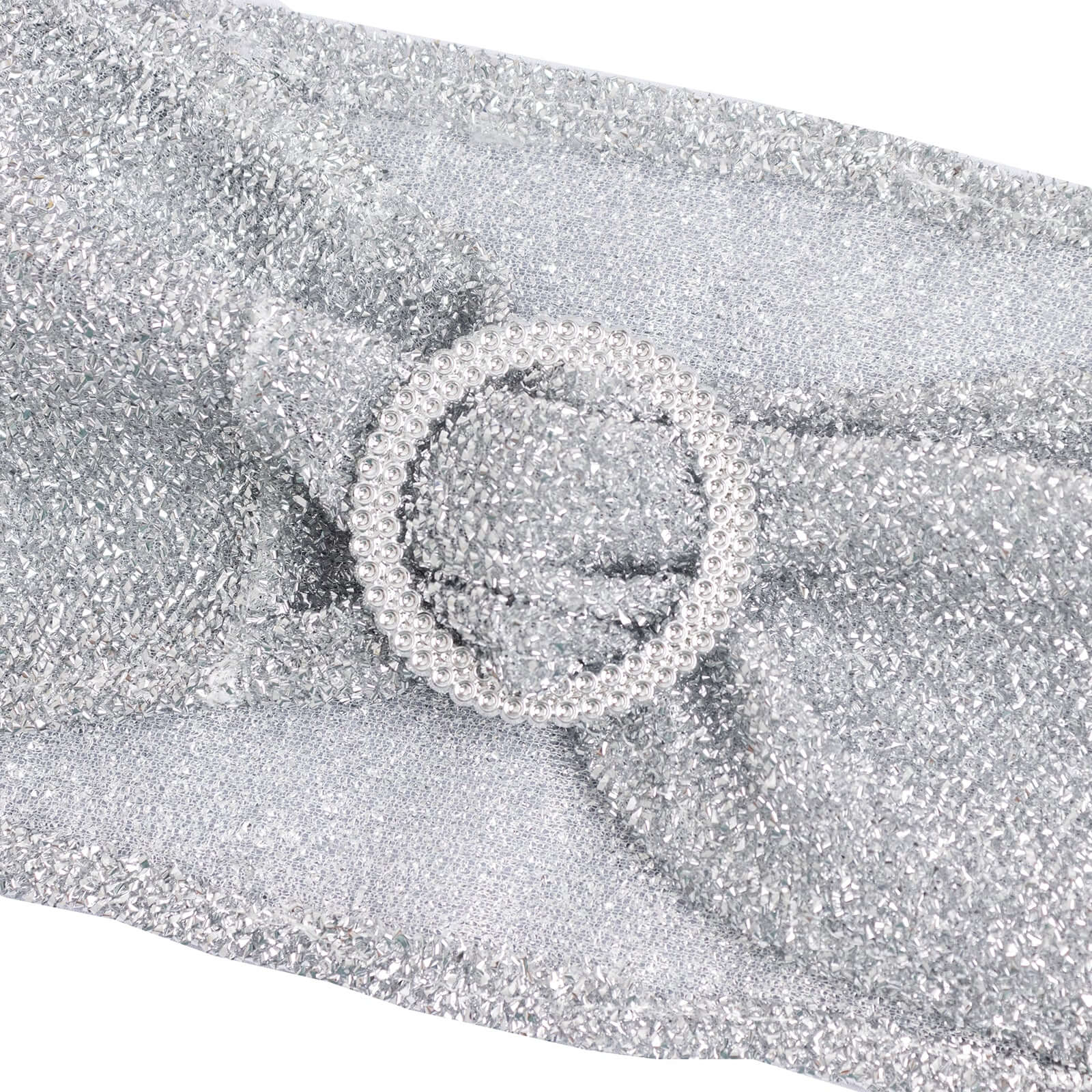 5 Pack Chair Sashes Shimmer Tinsel Spandex 5"x12" with Silver Rhinestone Buckles Silver - Stylish Decor for Weddings