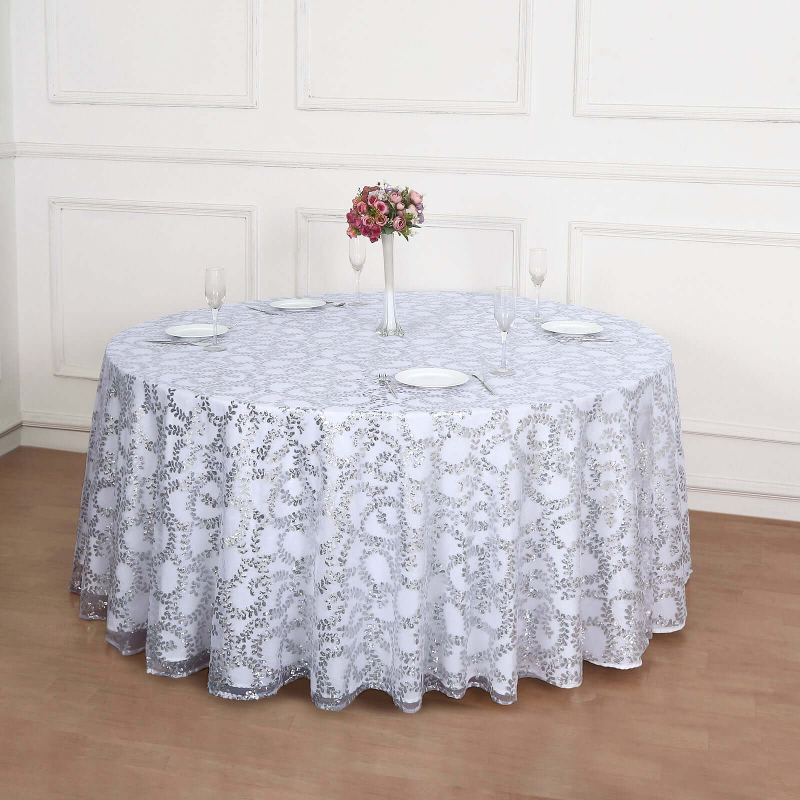 Tulle 120" Round Tablecloth Silver - Seamless Sequin Leaf Embroidered Table Cover