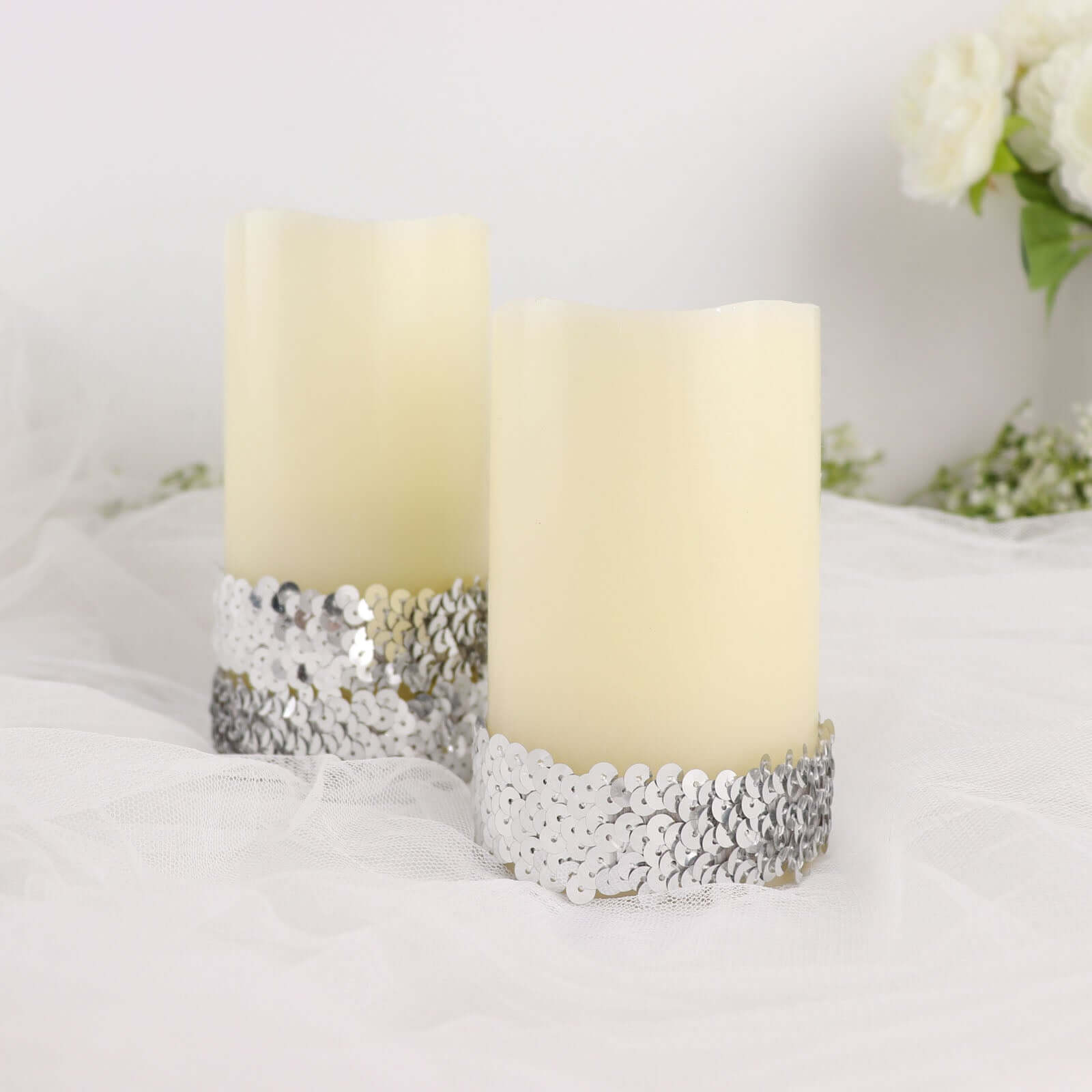 1"x10 Yards Metallic Silver Sequin Stretch Fabric Ribbon, Elastic Lace Trim, Shiny Glitter Craft Fabric