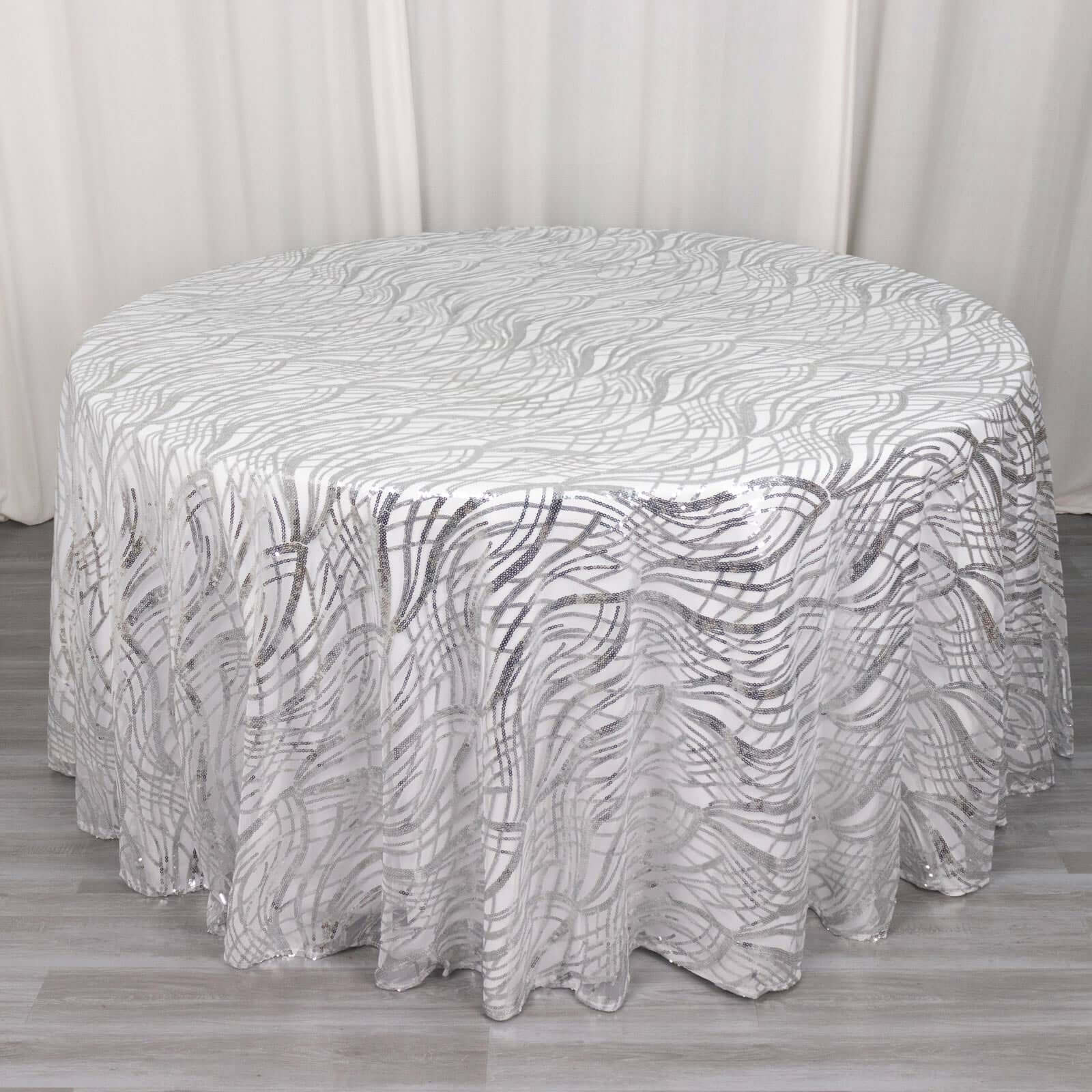 Sequin Mesh 120" Round Tablecloth Silver - Seamless Wave Embroidered Table Cover