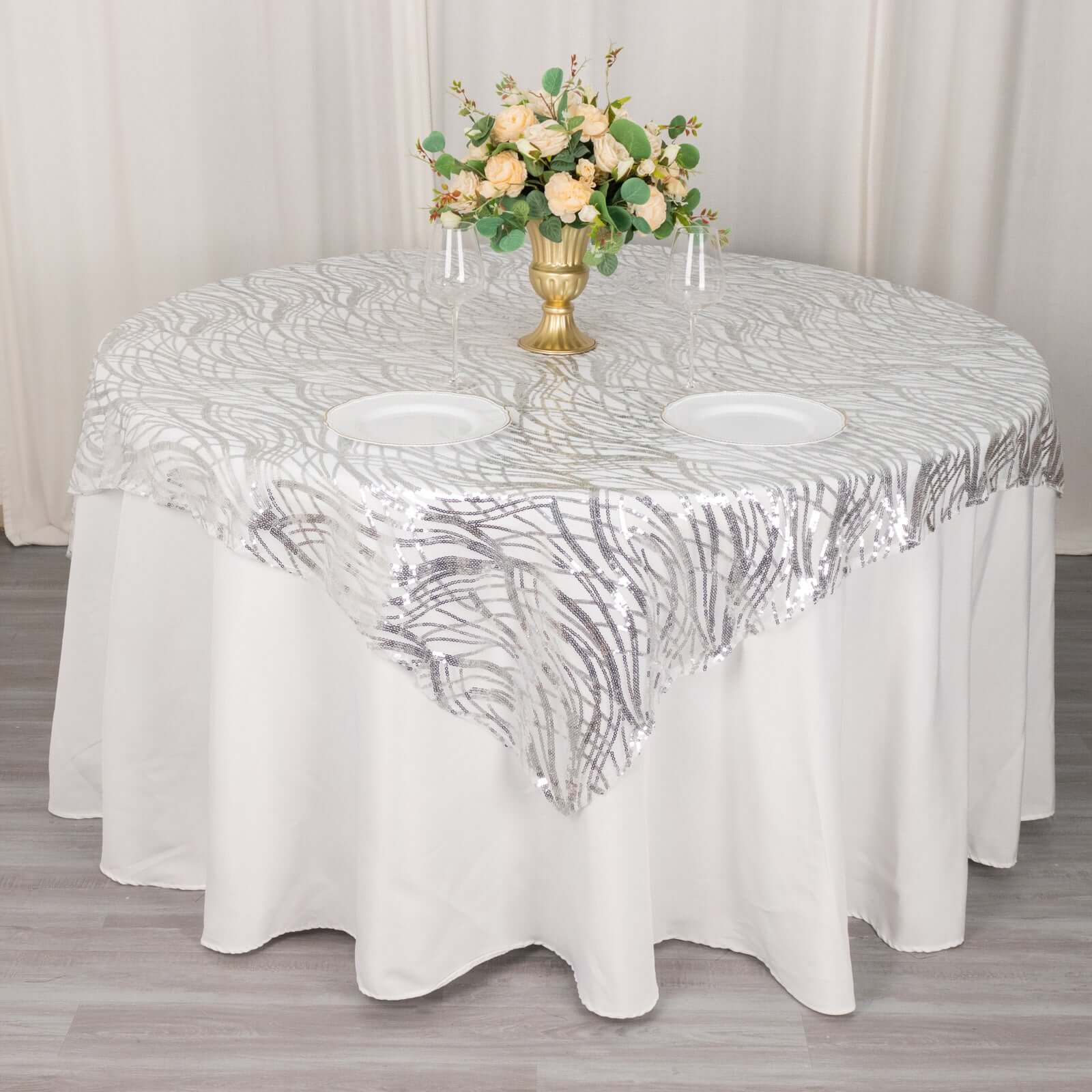 Mesh 72"x72" Table Overlay Square Tablecloth Silver - Wave Embroidered Sequins Table Topper