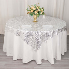 Mesh 72"x72" Table Overlay Square Tablecloth Silver - Wave Embroidered Sequins Table Topper