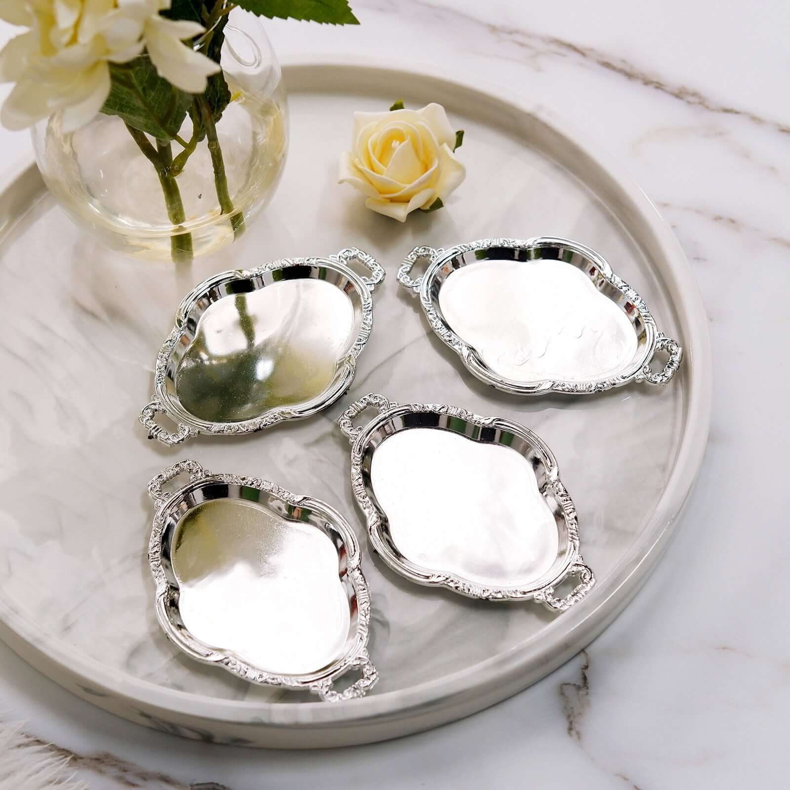 12-Pack Display Trays Party Favor Baroque Oval Design Silver - Mini Serving Platters for Sweets and Desserts 4.5"