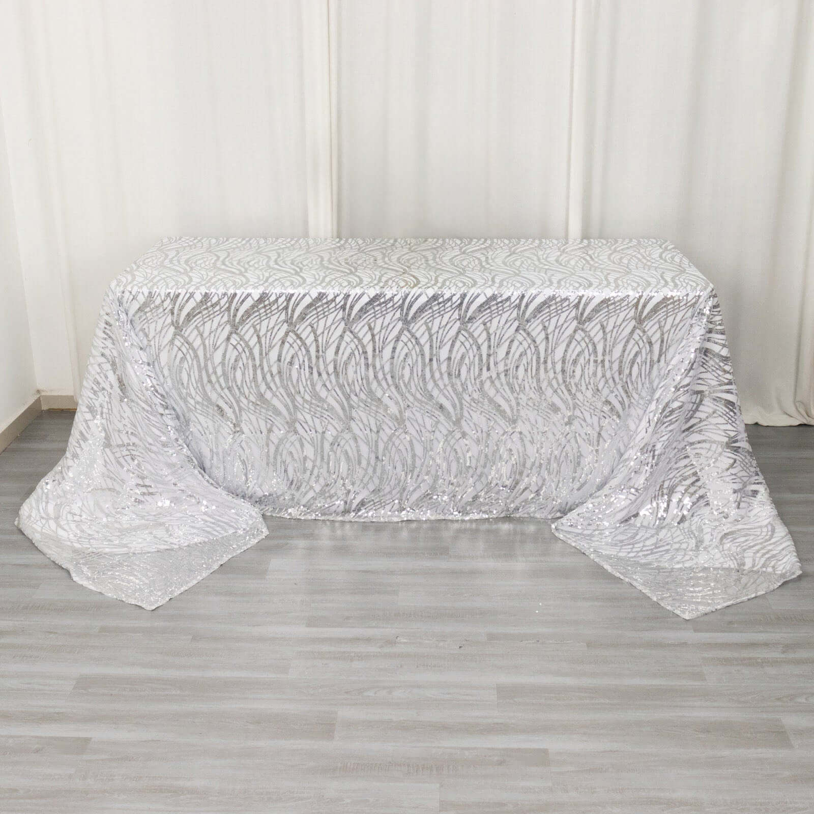 Mesh 90"x156" Rectangle Tablecloth Silver - Wave Sequin Embroidered Table Cover