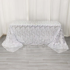 Mesh 90"x156" Rectangle Tablecloth Silver - Wave Sequin Embroidered Table Cover
