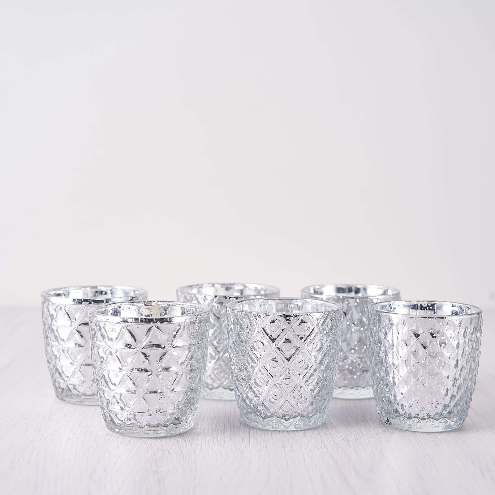 6-Pack Mercury Glass Votive Candle Holders Metallic Silver with Assorted Geometric Designs - Tealight Holders 3"