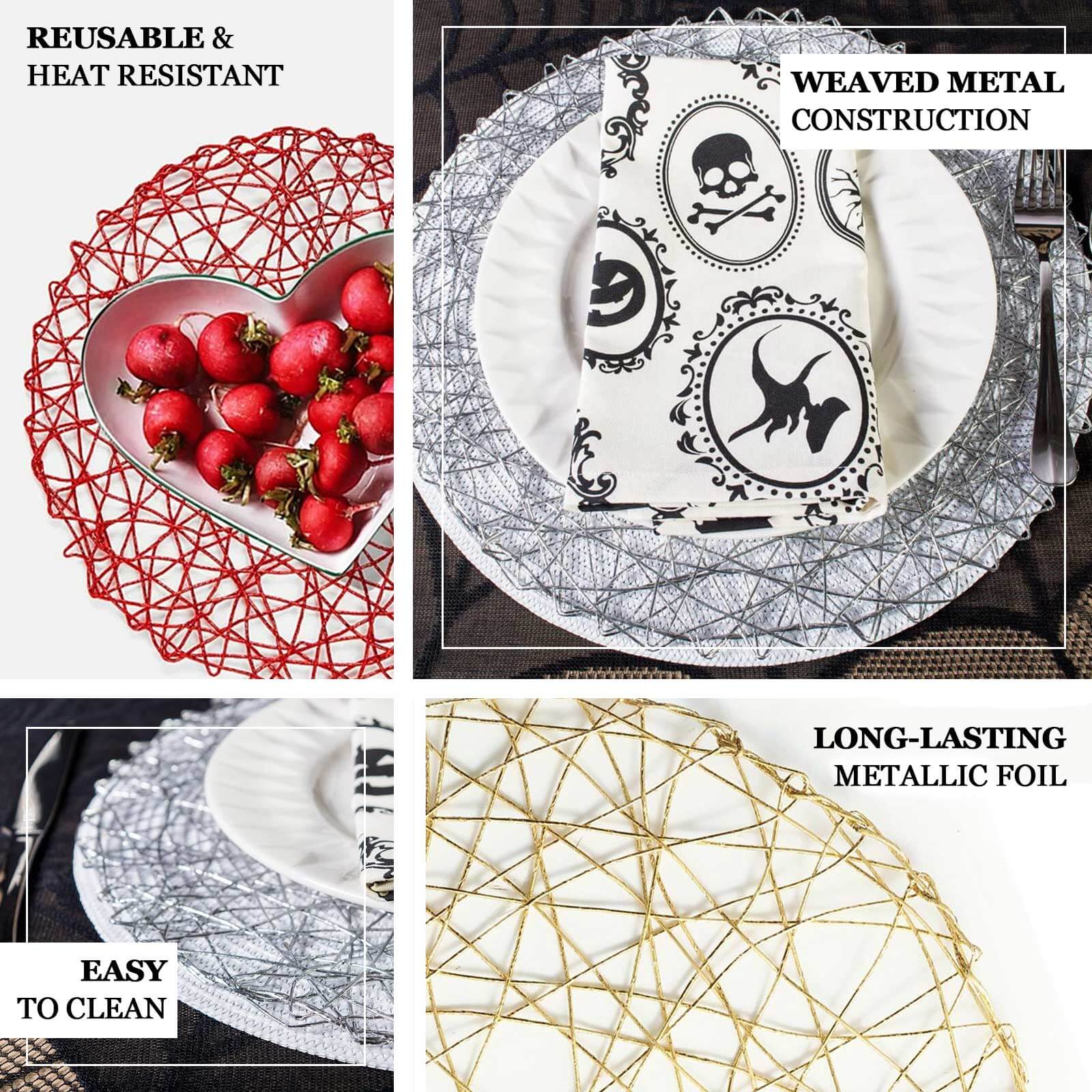 6-Pack Table Placemats Woven Fiber Design Silver Round - Disposable Mats for Dining and Events 15"