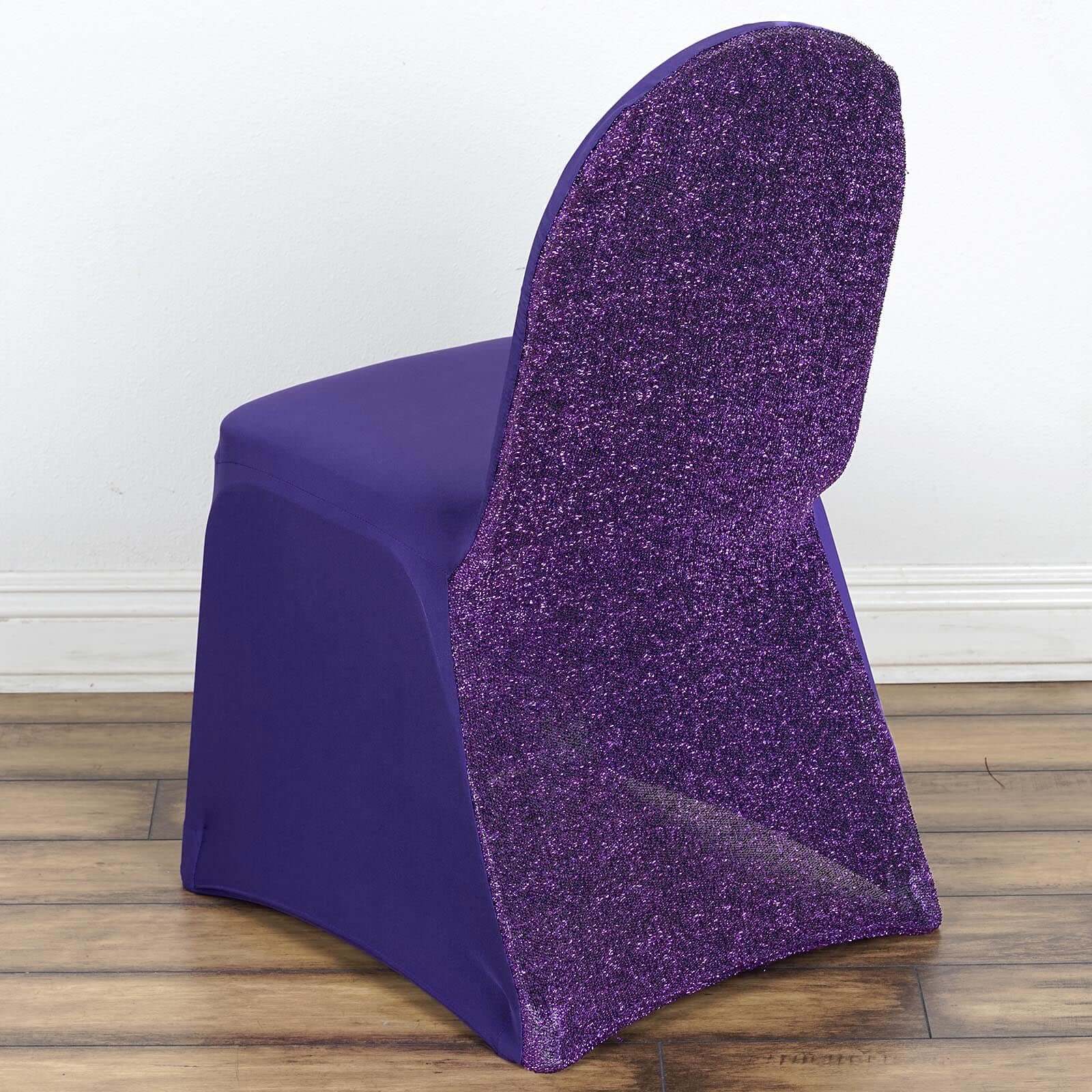 Spandex Chair Cover with Metallic Shimmer Tinsel Back for Banquet Chairs Purple - Fitted Slipcover