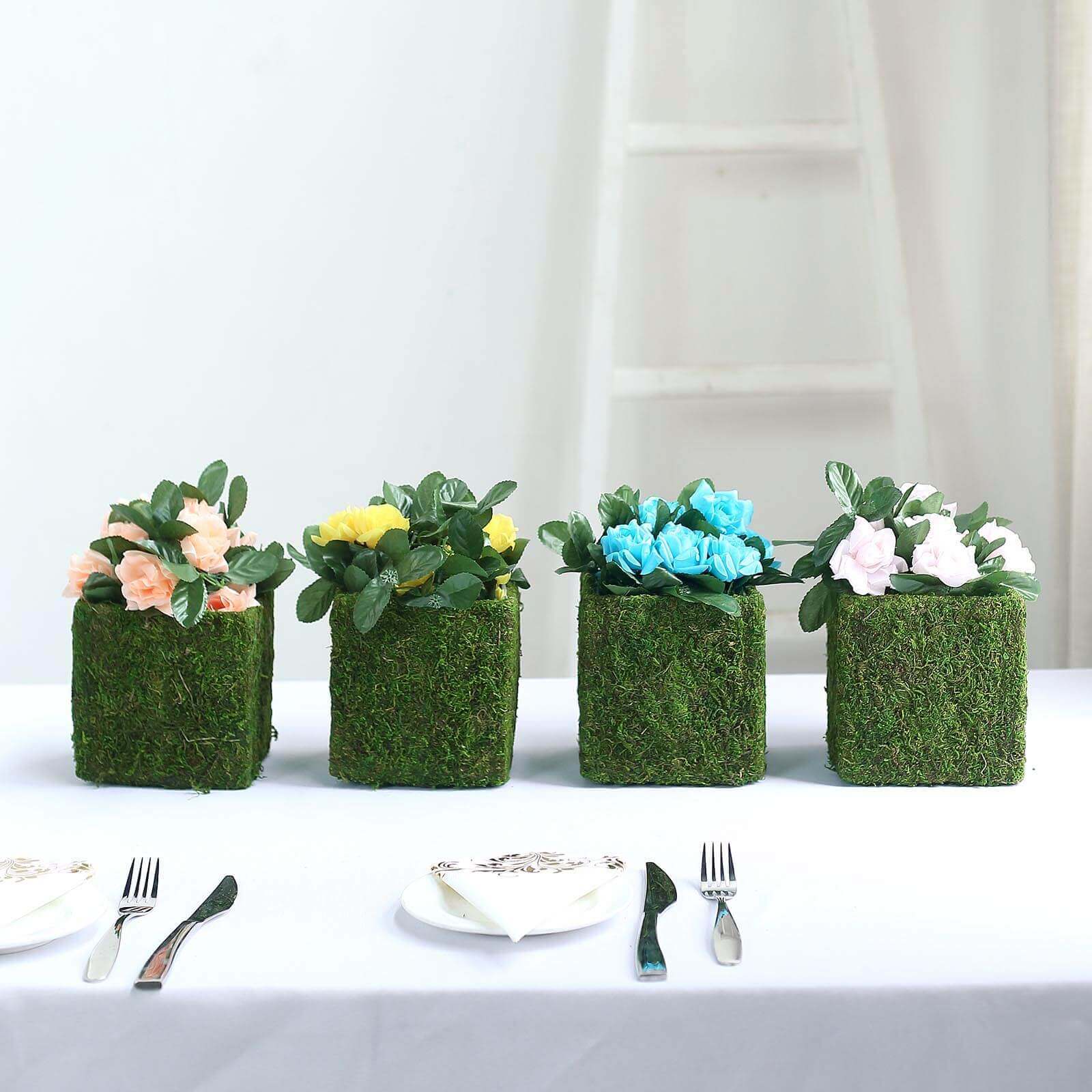 4-Pack Square Planter Boxes Covered with Inner Lining Green Preserved Moss - Flower Basket Centerpieces 6"