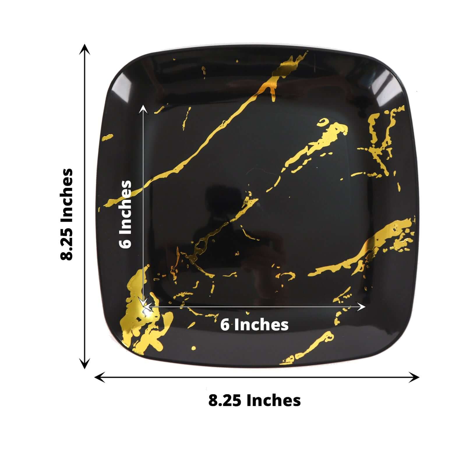 10-Pack Plastic 8" Square Dessert Plates in Black with Gold Marble Design - Disposable Appetizer Salad Party Plates