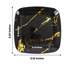 10-Pack Plastic 8" Square Dessert Plates in Black with Gold Marble Design - Disposable Appetizer Salad Party Plates