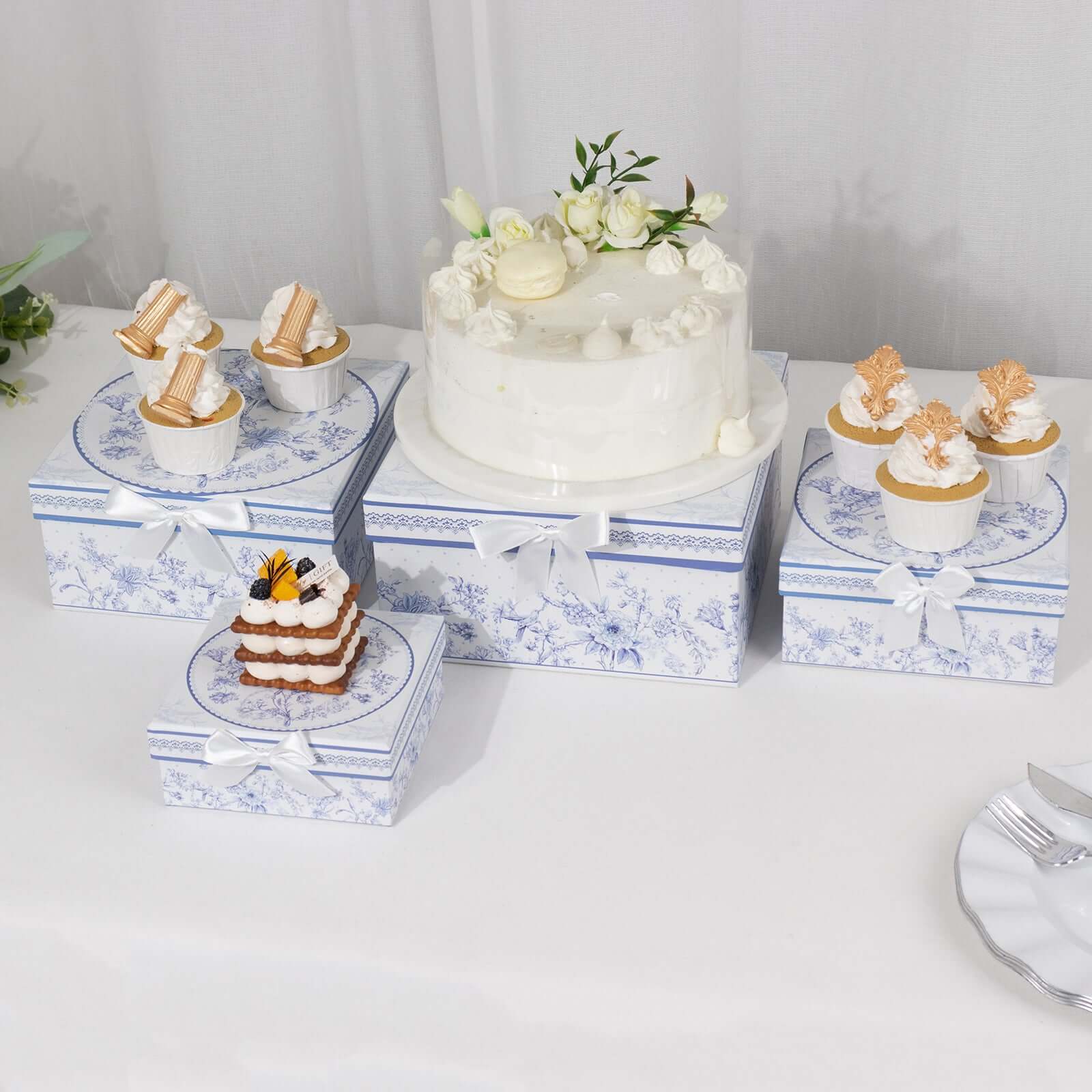 Set of 4 Cardstock Square Nesting Gift Boxes White Blue French Toile Design - Decorative Heavy Duty Stackable Keepsake Boxes With Lids for Presents Storage & Pedestal Stand 6",7",8",9"