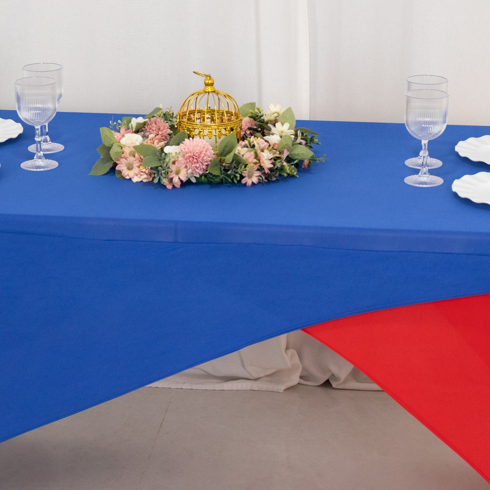 Stretch Spandex 72"x30" Rectangle Table Cover Royal Blue/Red Cross Over Design - Two-Piece Fitted Tablecloth with Elastic Foot Pockets