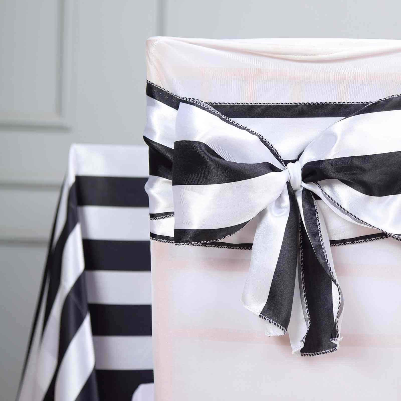 5 Pack Satin 6"x108" Chair Sashes Black/White Stripes - Sophisticated Decor for Weddings & Gatherings