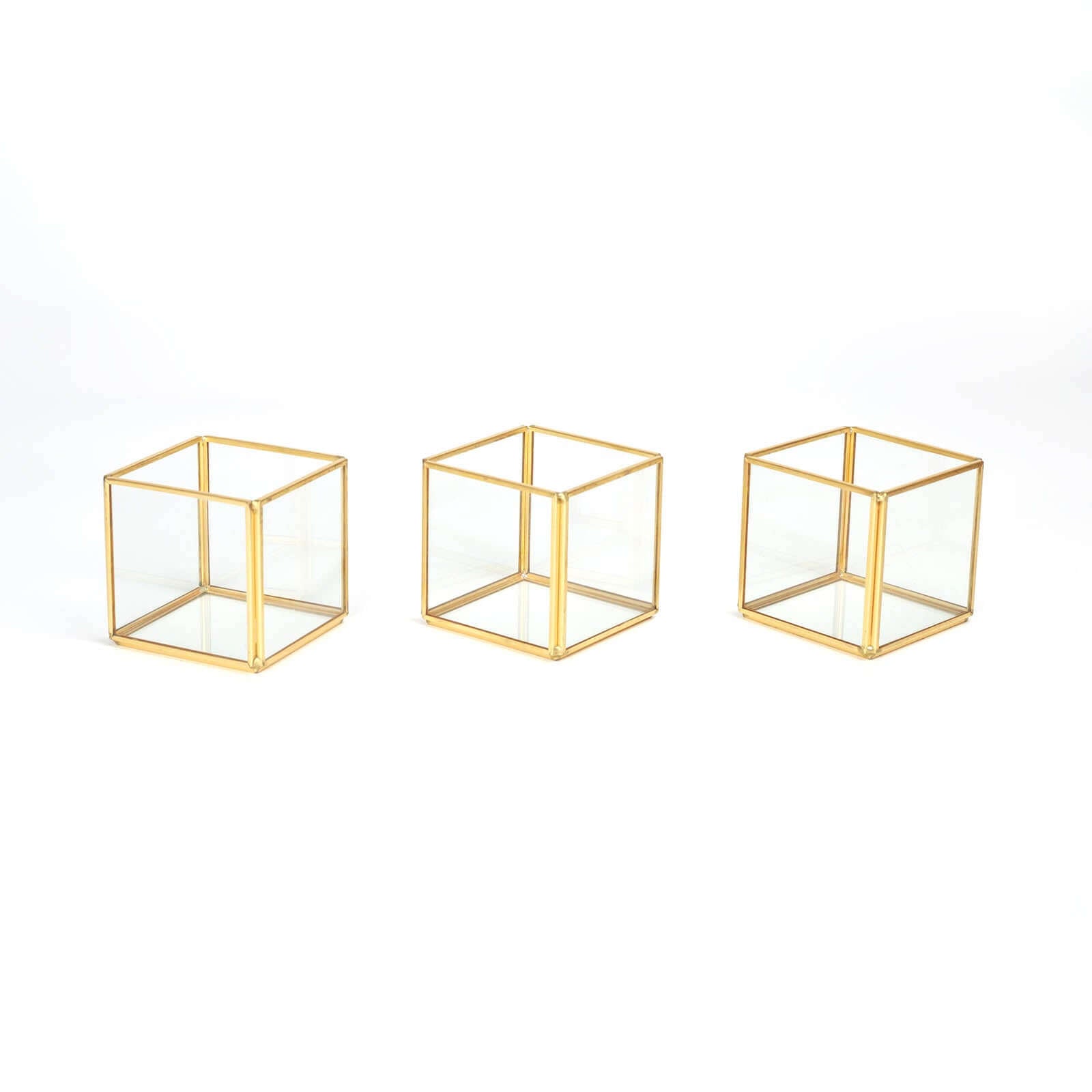 3-Pack Glass Tealight Votive Candle Holders Square Cube Design Clear with Gold Metal Frame - Stackable 3"