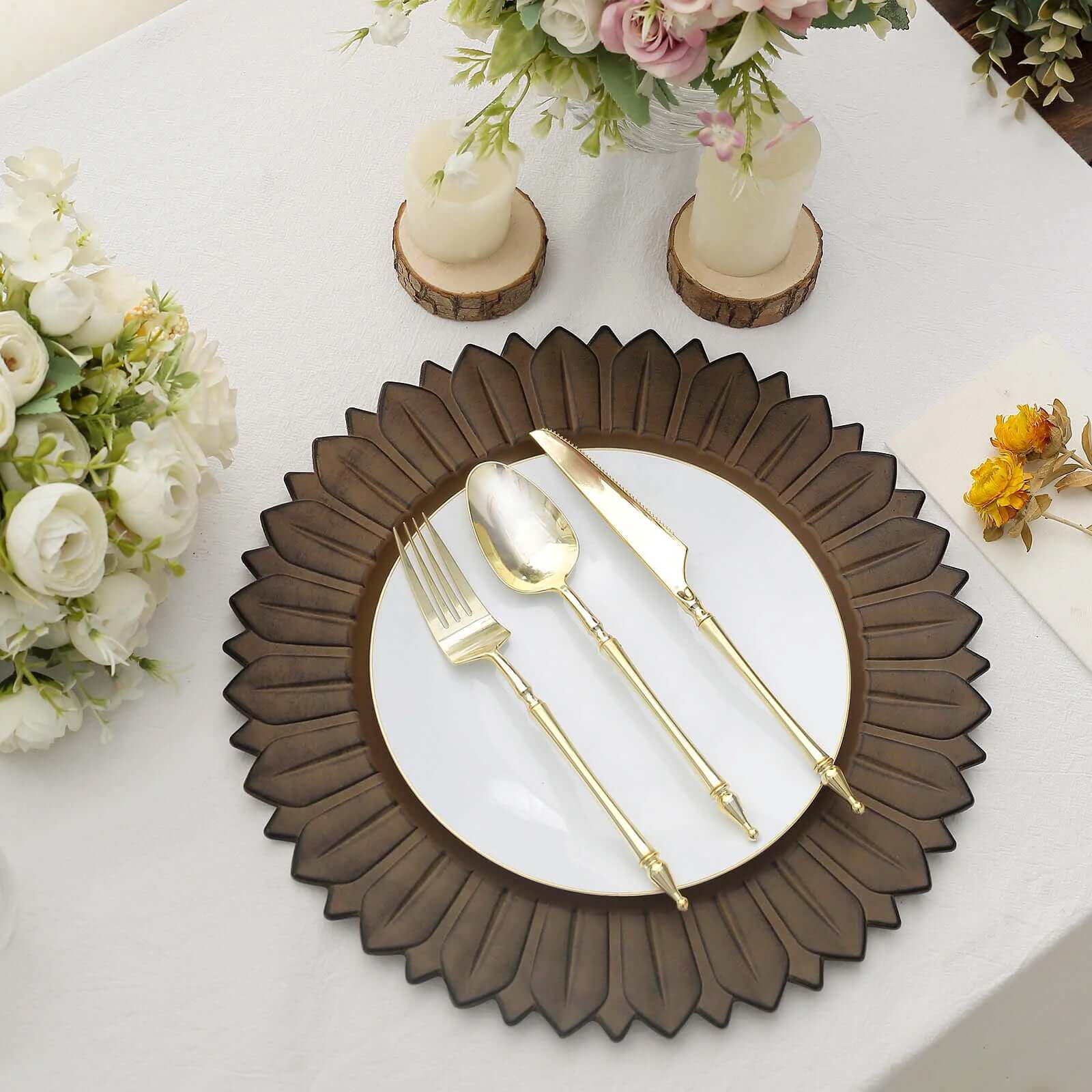 6-Pack Plastic Round Charger Plates 13" in Natural with Sunflower Rim, Matte Finish Disposable Dinner Charger Tableware