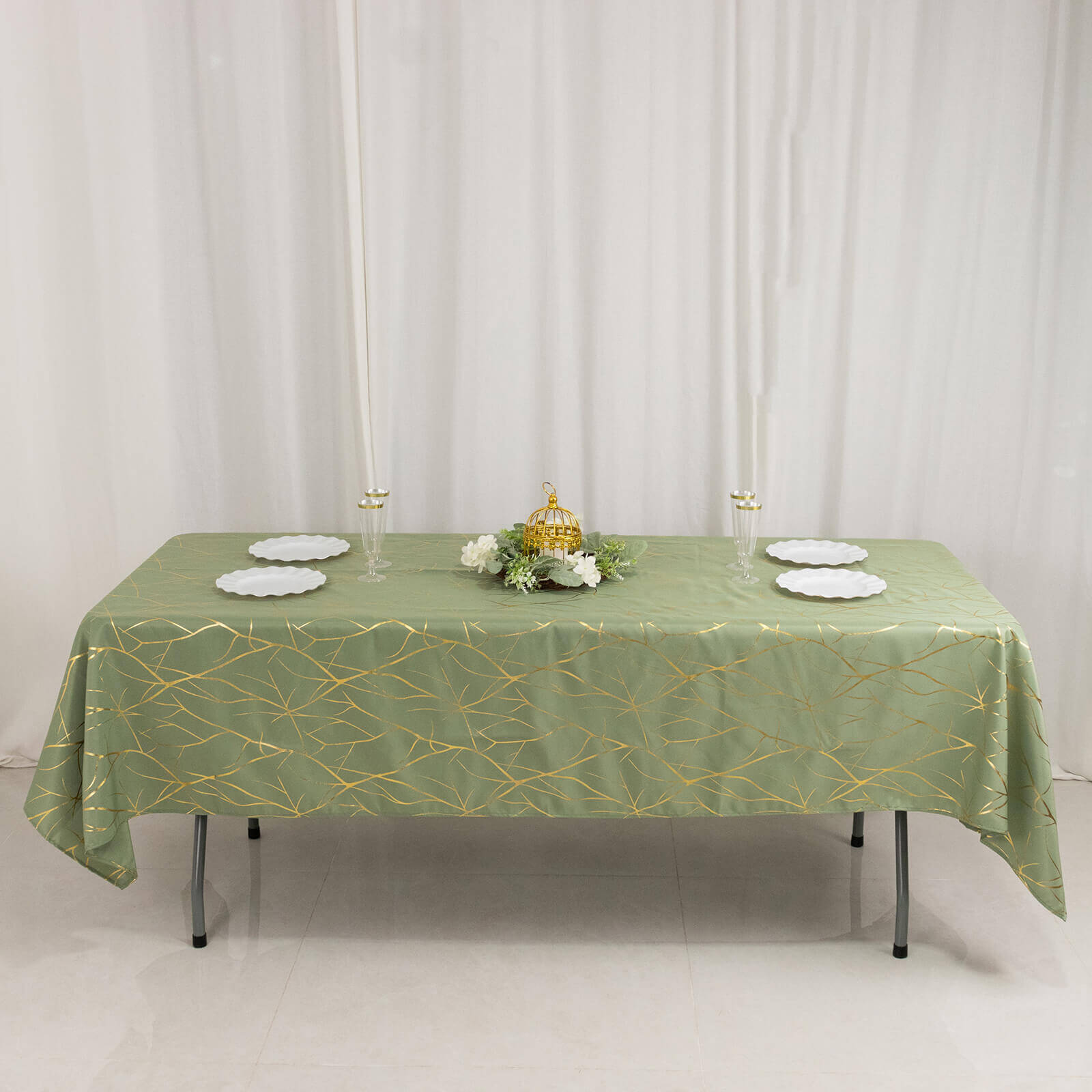 Polyester 60"x102" Rectangle Tablecloth Dusty Sage Green with Gold Foil Tree Branch Pattern - Wrinkle-Resistant & Durable Table Cover