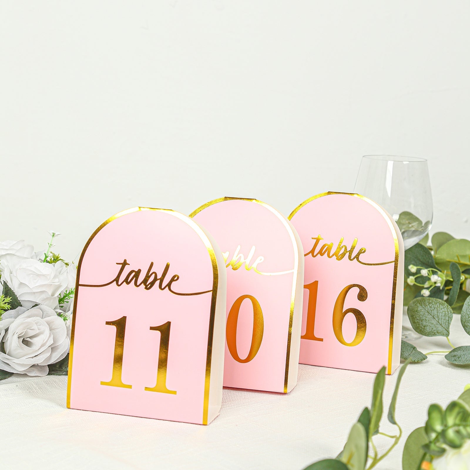 25-Pack 7" Disposable Table Numbers, Blush Free Standing Double Sided Table Number Place Cards with Metallic Gold Foil Numbers 1-25