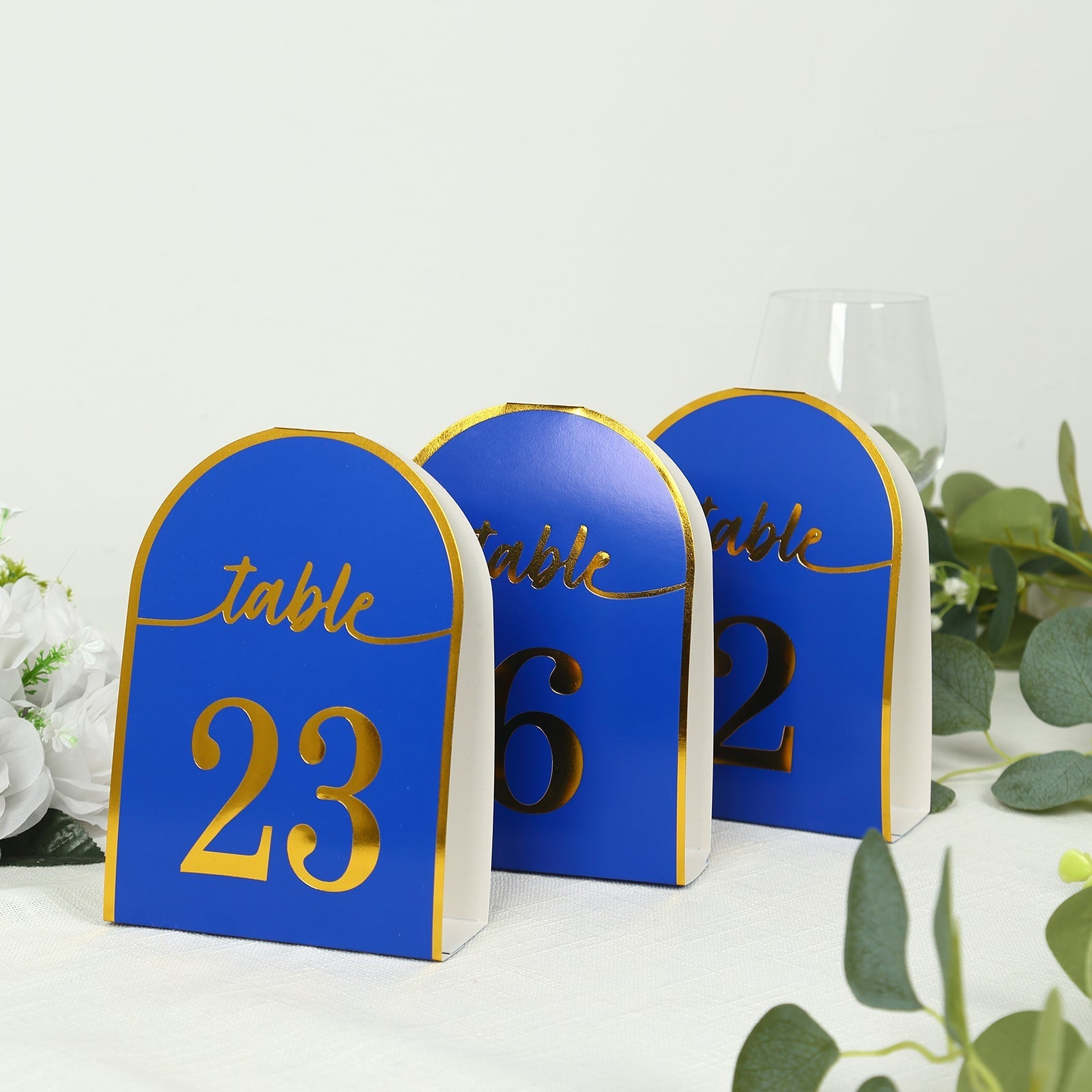 25-Pack 7" Disposable Table Numbers, Royal Blue Free Standing Double Sided Table Number Place Cards with Metallic Gold Foil Numbers 1-25