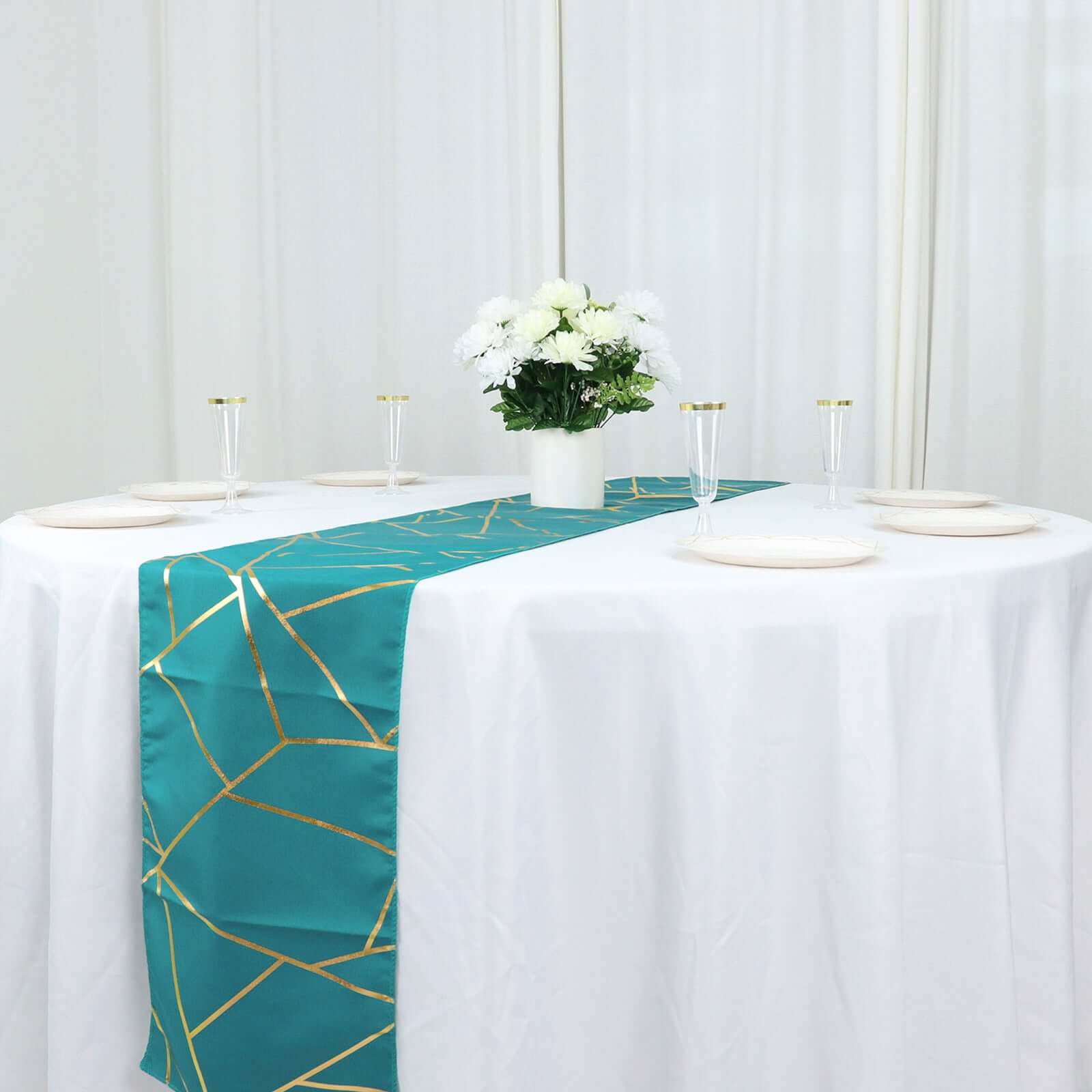 Polyester 9ft Table Runner Teal with Gold Foil Modern Geometric Accent