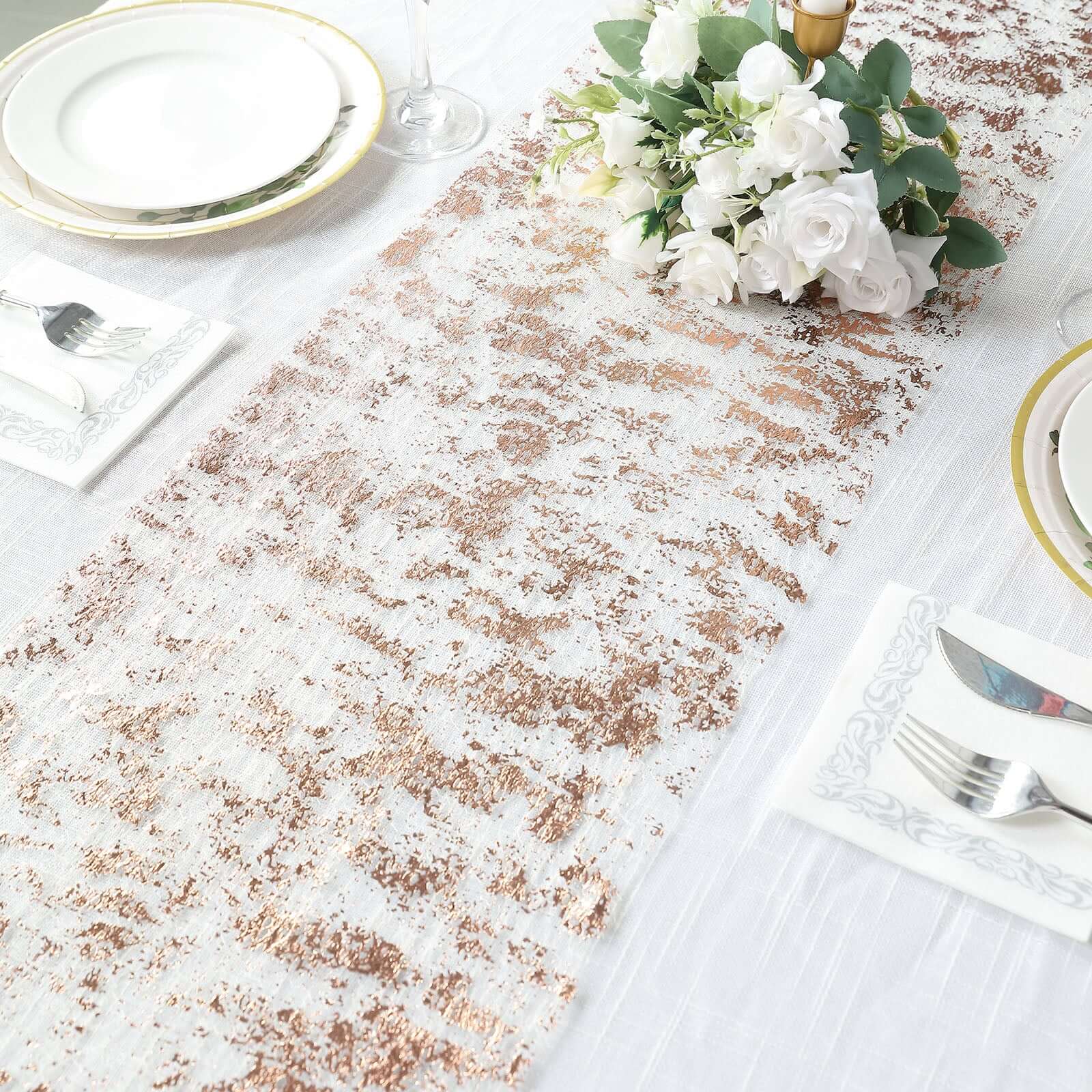 Mesh Polyester 108" Table Runner Roll Metallic Rose Gold - Distressed Foil Look Disposable Table Decor