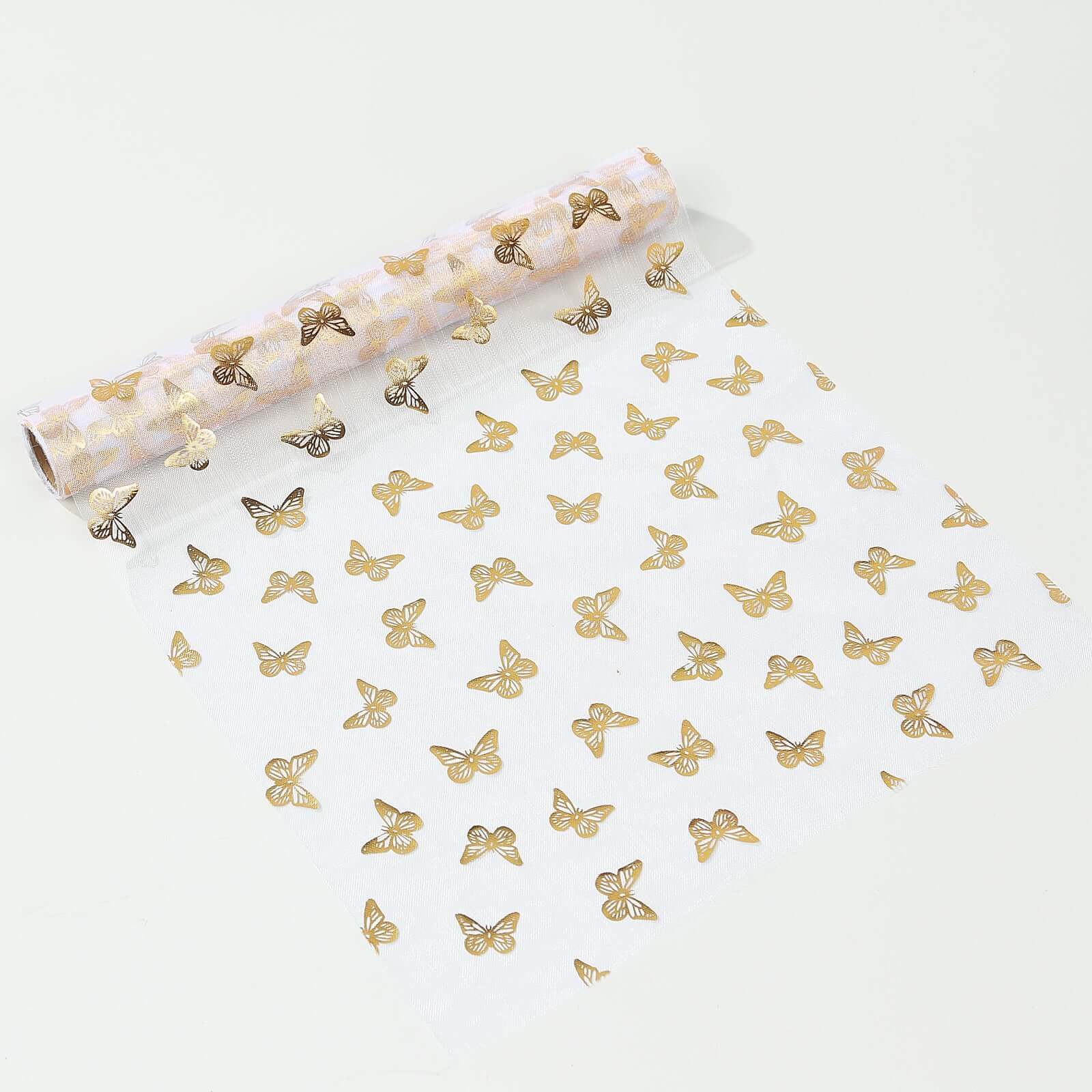 5 Pack Sheer Organza 11"x108" Table Runner Rolls White Disposable with Metallic Gold Foil Butterflies Motifs