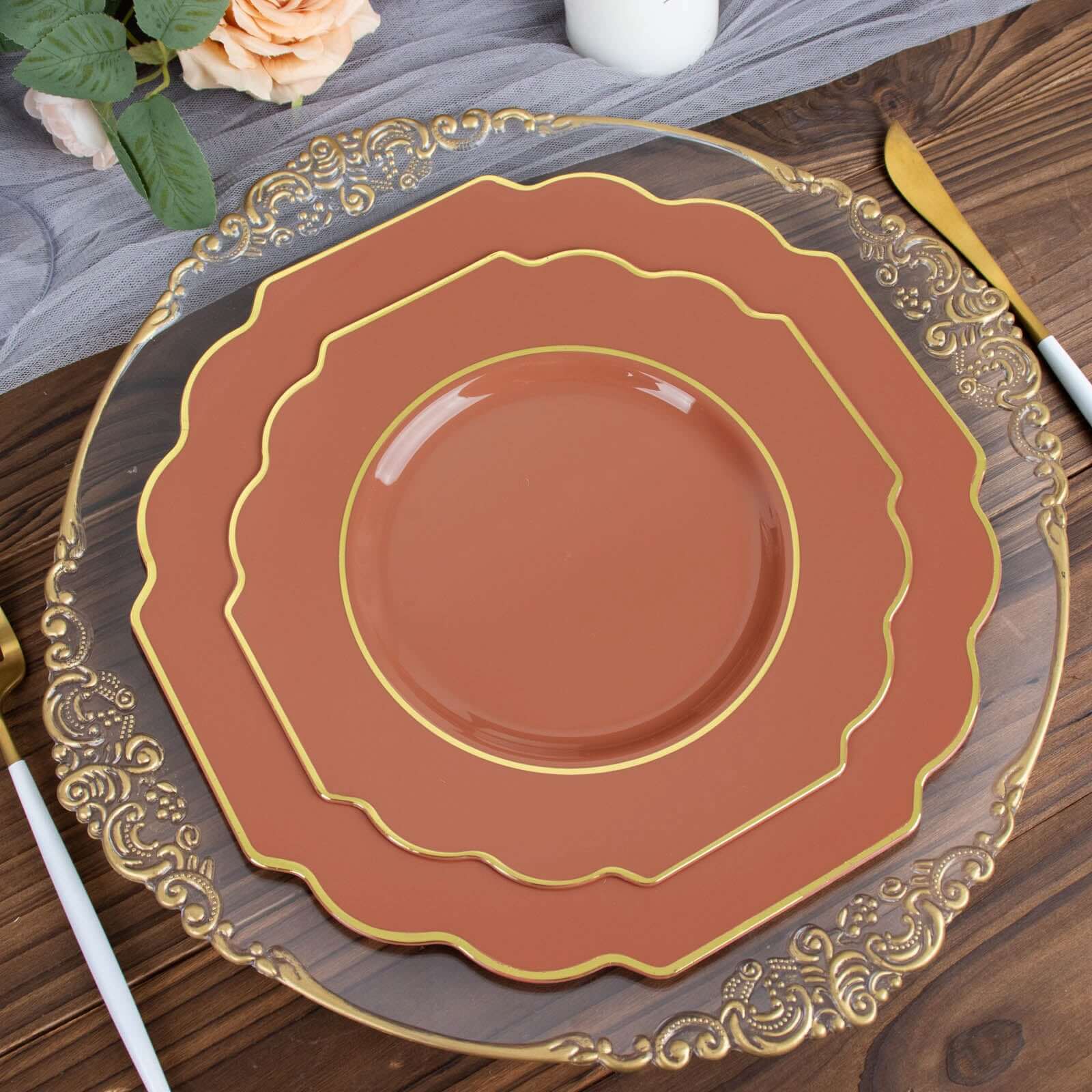 10-Pack Plastic Dinner Plates in Terracotta (Rust) Baroque Design with Scalloped Gold Rim - Heavy Duty Disposable Party Plates 11"