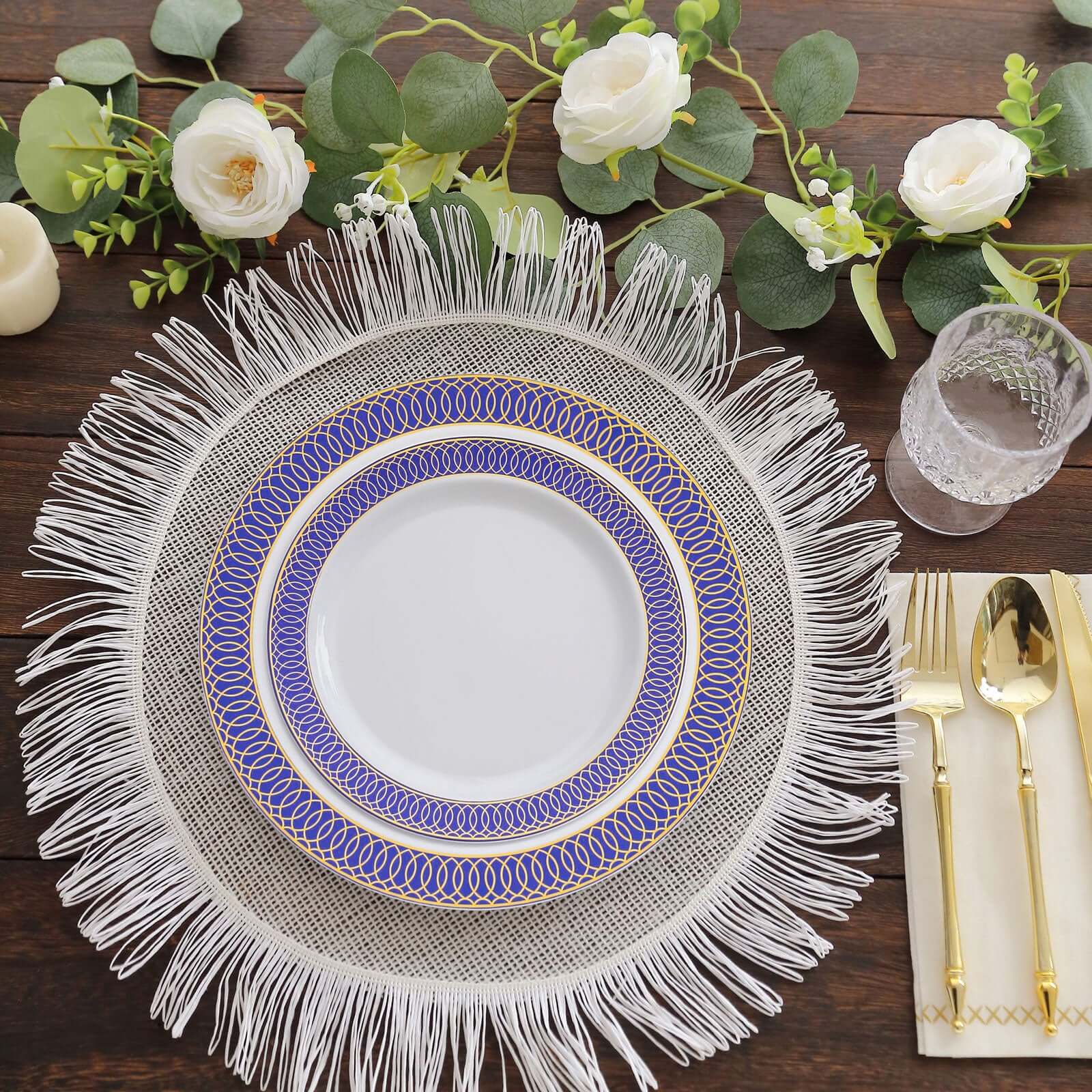 10-Pack Plastic Round Dessert Plates 7" White with Navy Blue Gold Spiral Rim - Disposable Salad Plates