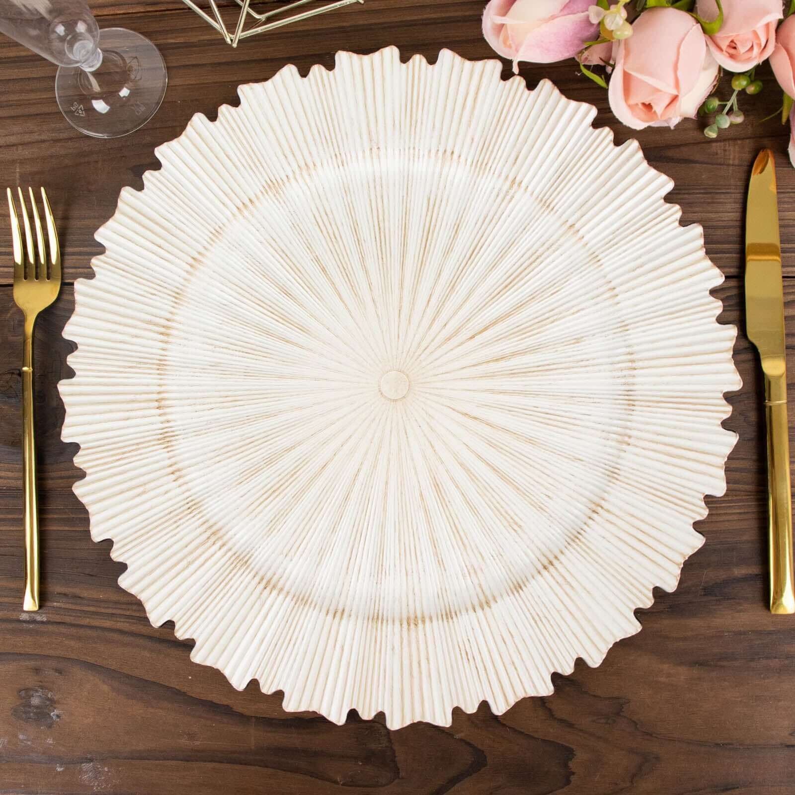 6-Pack Acrylic Plastic Round Charger Plates 13" in Antique White with Sunray Scalloped Rim, Decorative Dinner Party Charger Tableware