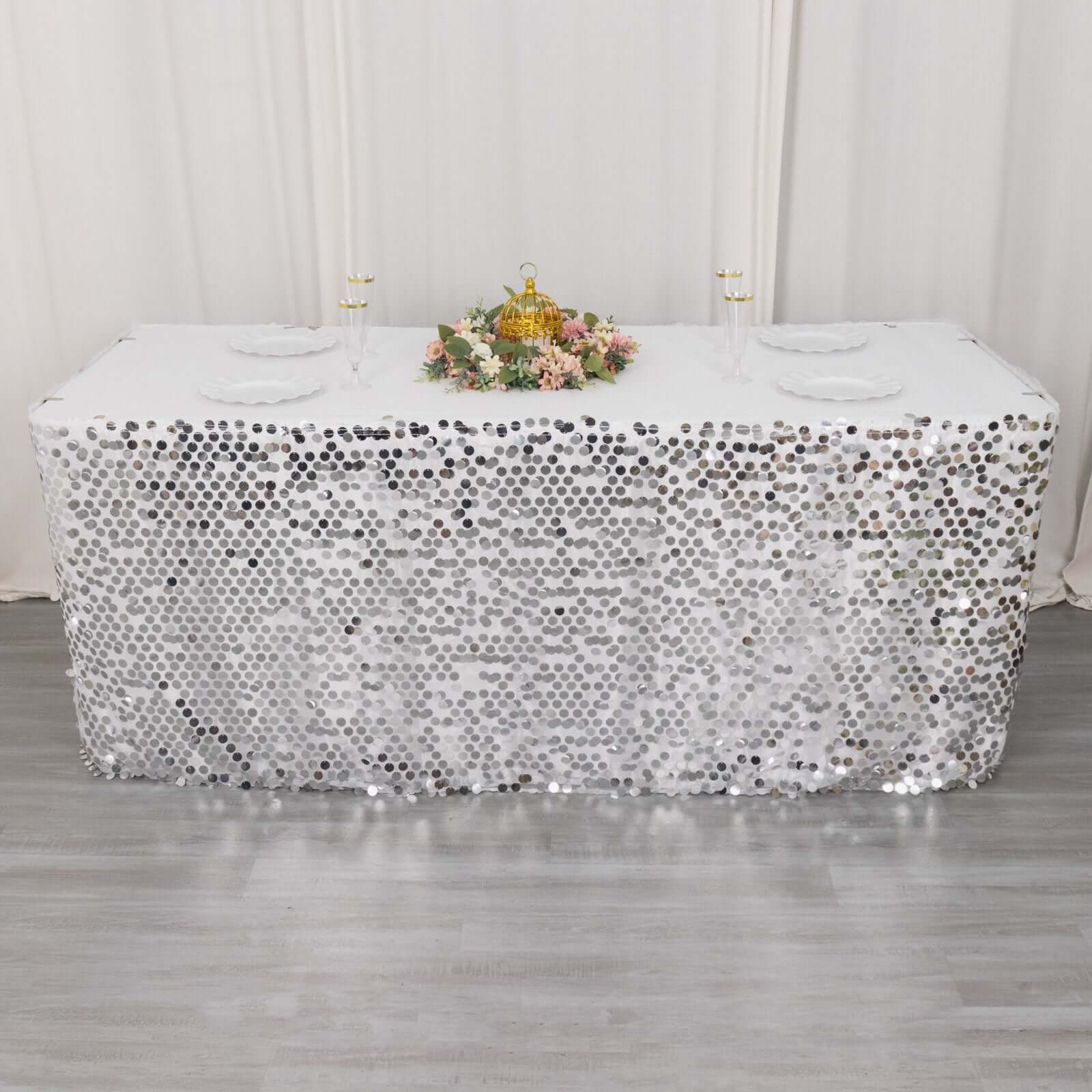 Payette Sequin 21ft Table Skirt Silver - Dual Layered Satin Table Cover
