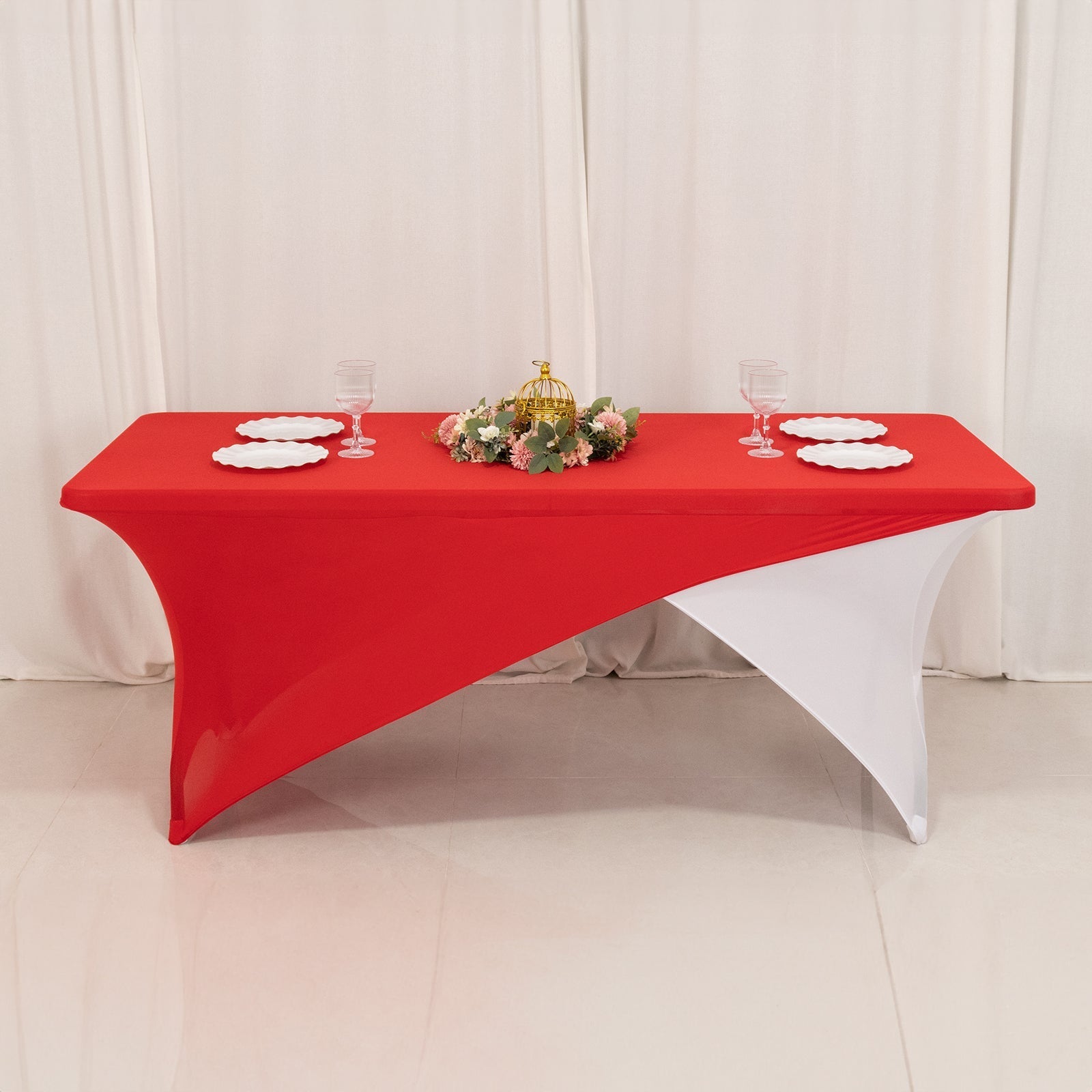 Stretch Spandex 72"x30" Rectangle Table Cover Red/White Cross Over Design - Versatile & Sleek Two-Piece Fitted Tablecloth with Elastic Foot Pockets