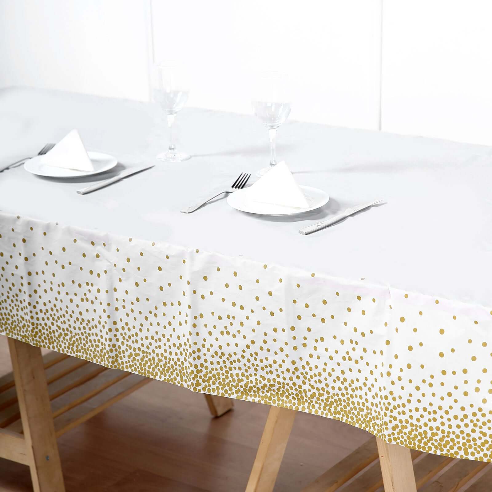 5-Pack Plastic Table Covers White Rectangle with Gold Confetti Dots - Durable PVC Disposable Tablecloths for Events 54"x108"