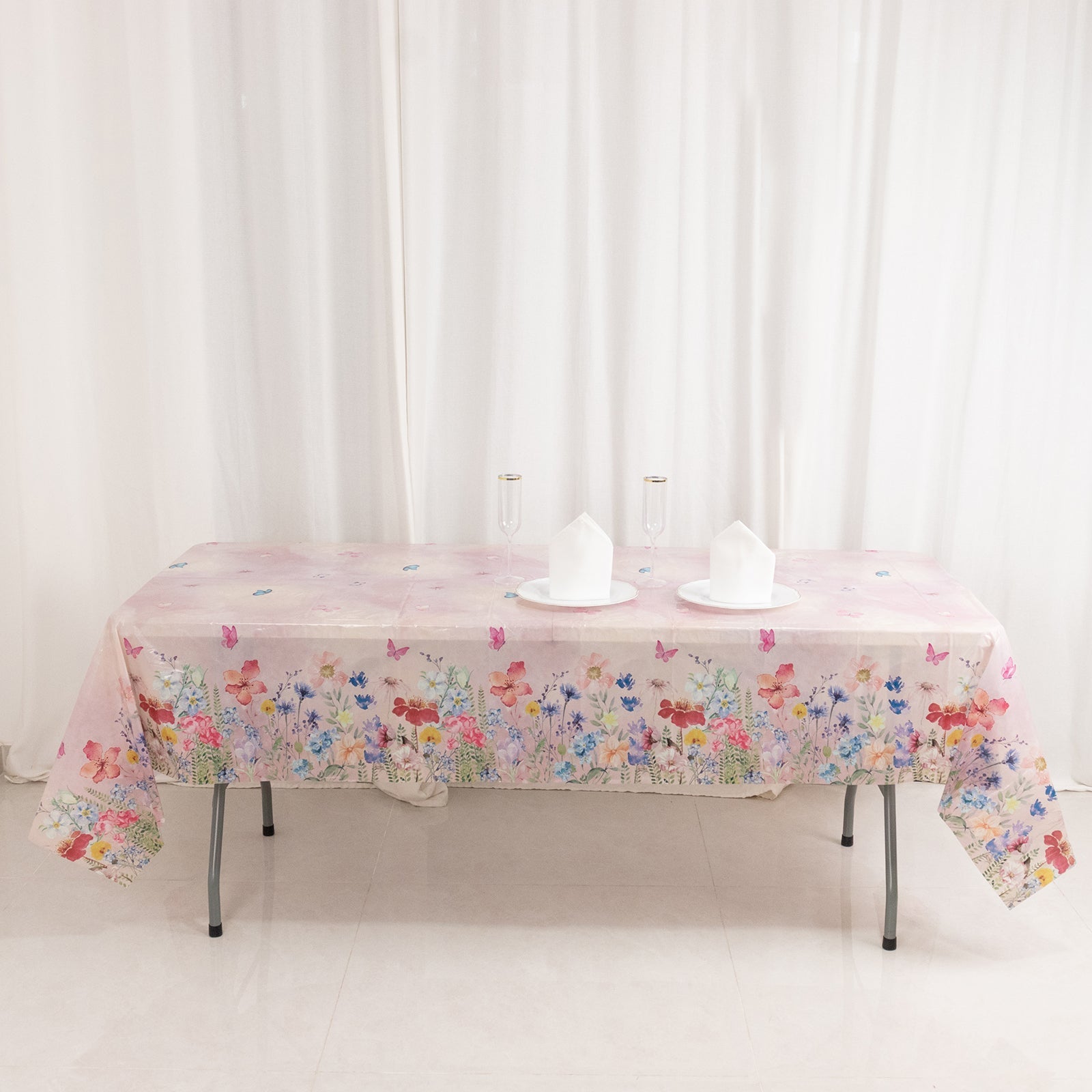 5-Pack Plastic Table Covers Blush Rectangle with Butterfly Floral Print - Decorative PVC Disposable Covers 54"x108"