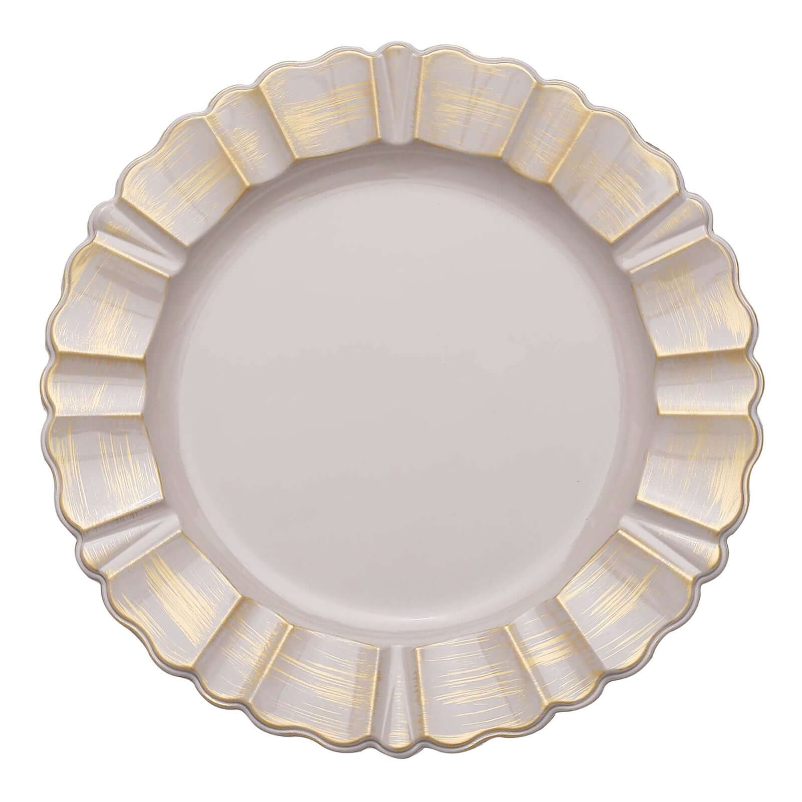 6-Pack Acrylic Plastic Round Charger Plates 13" in Nude Taupe with Gold Brushed Wavy Scalloped Rim, Decorative Dinner Party Charger Tableware