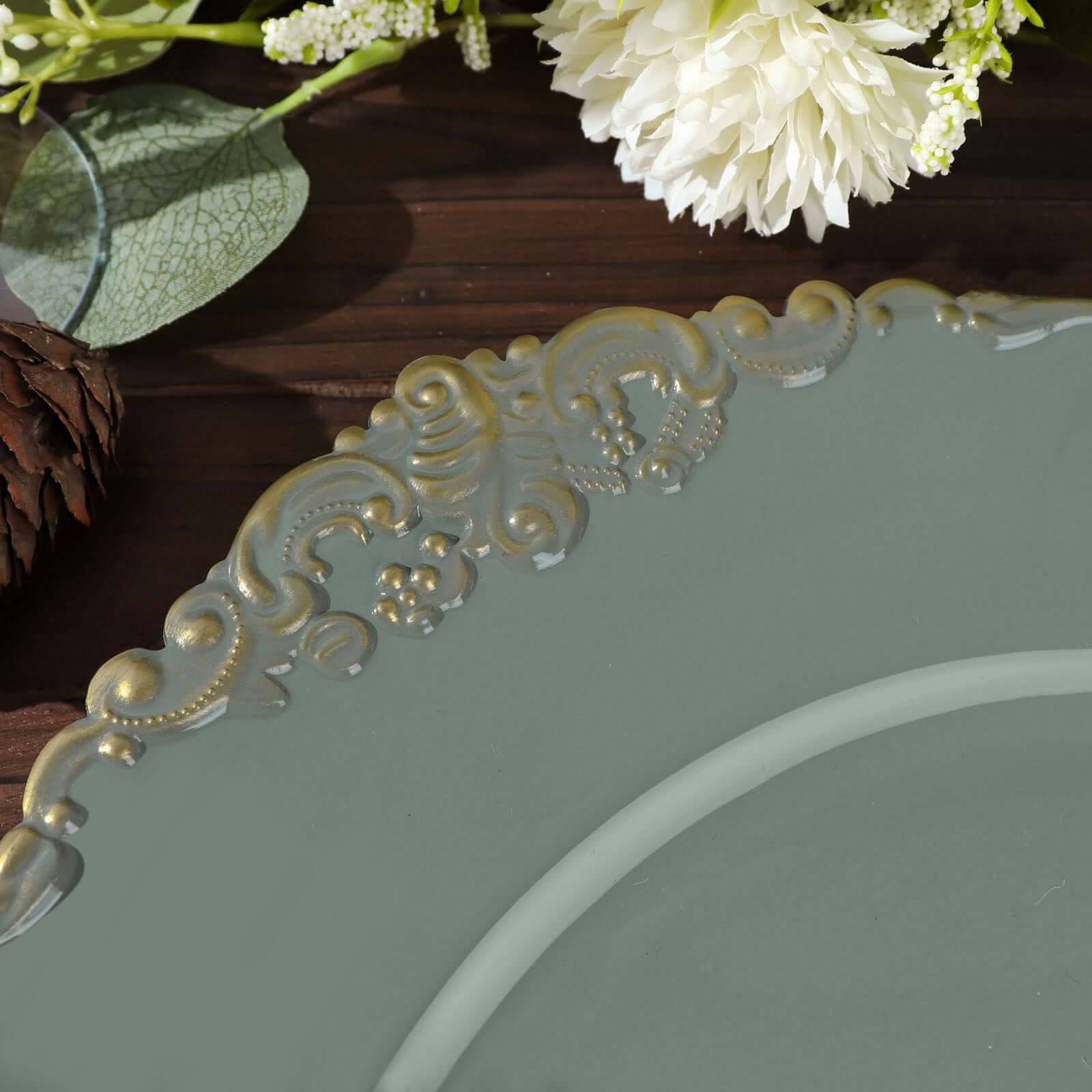 6-Pack Acrylic Round Charger Plates 13" in Olive Green with Gold Embossed Baroque Rim, Antique Decorative Dinner Party Charger Tableware