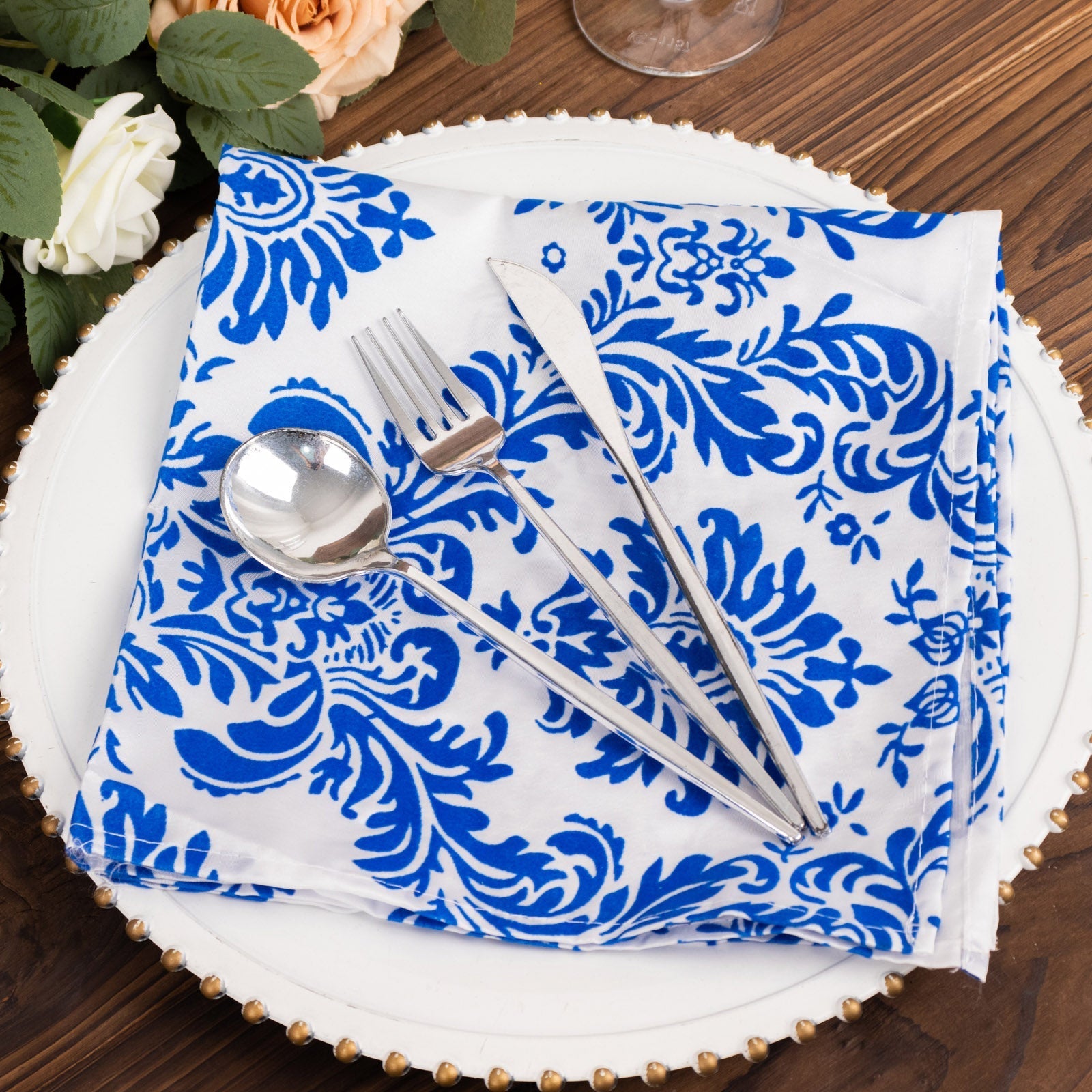 5 Pack Taffeta 20"x20" Napkins Royal Blue/White Damask Flocking Design - Decorative Dinner Napkins