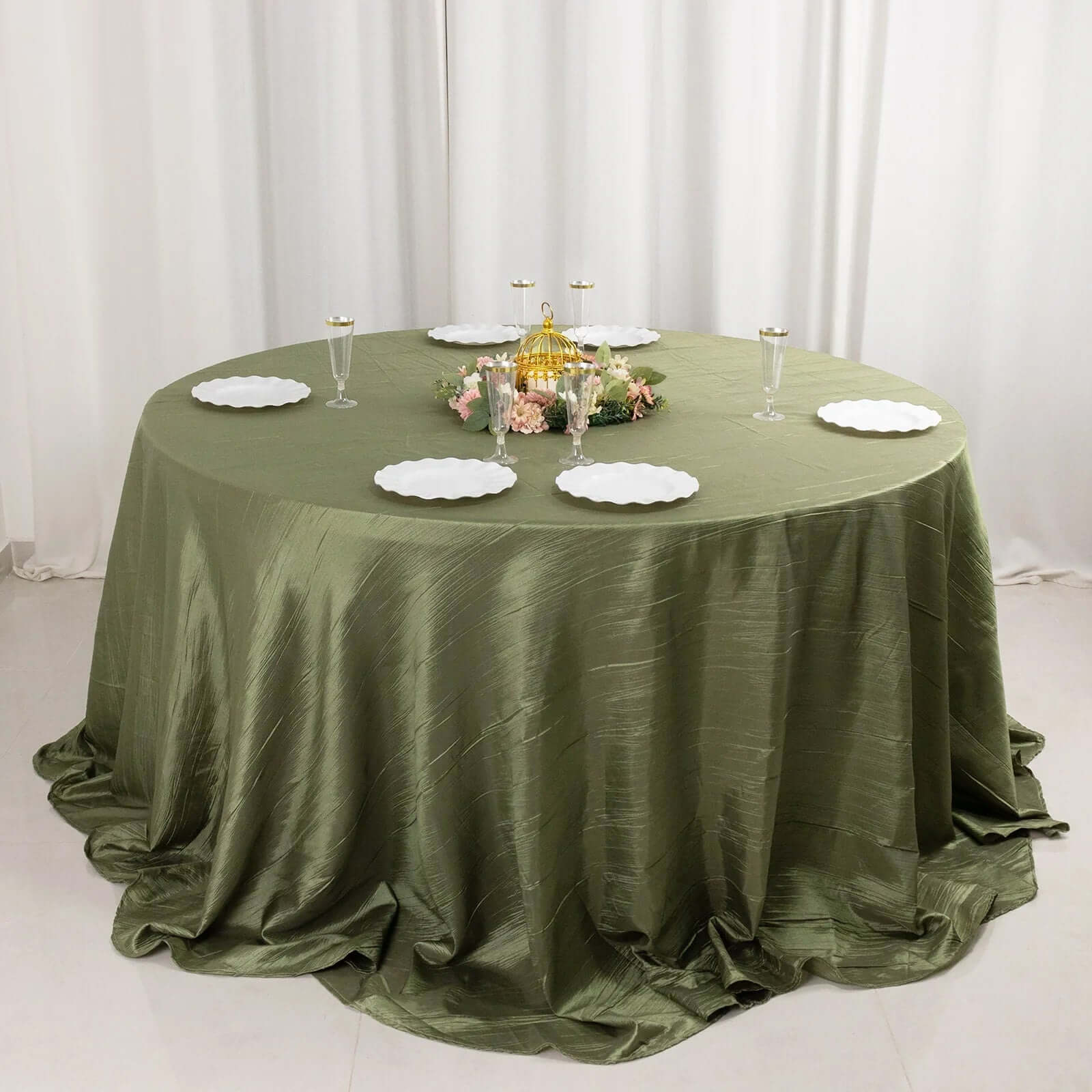 Taffeta 132" Round Tablecloth Dusty Sage Green - Seamless Accordion Crinkle Table Cover