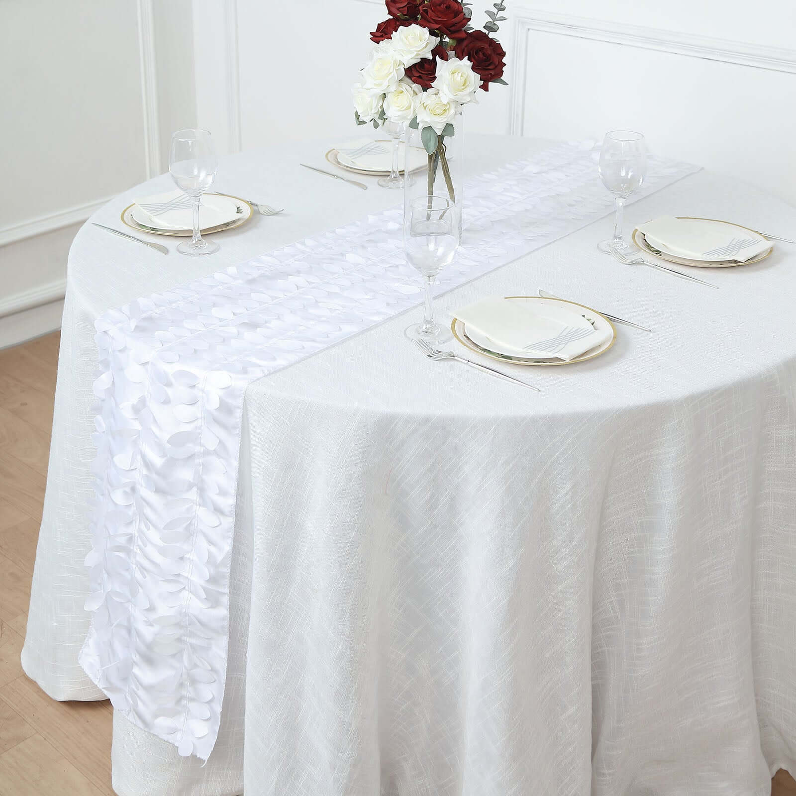Taffeta Fabric 12"x108" Table Runner White 3D Leaf Petal - Stylish Wedding Decor