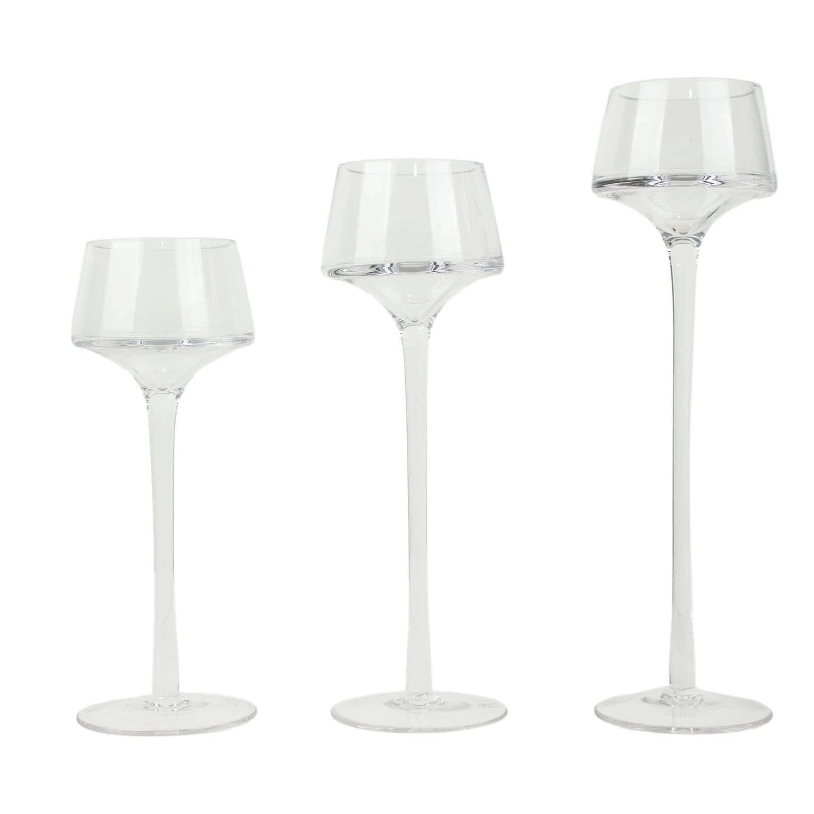 Set of 3 Glass Pedestal Vases Long Stem Clear - Tall Disc Candle Holders for Floral Centerpieces 8", 9", 10"