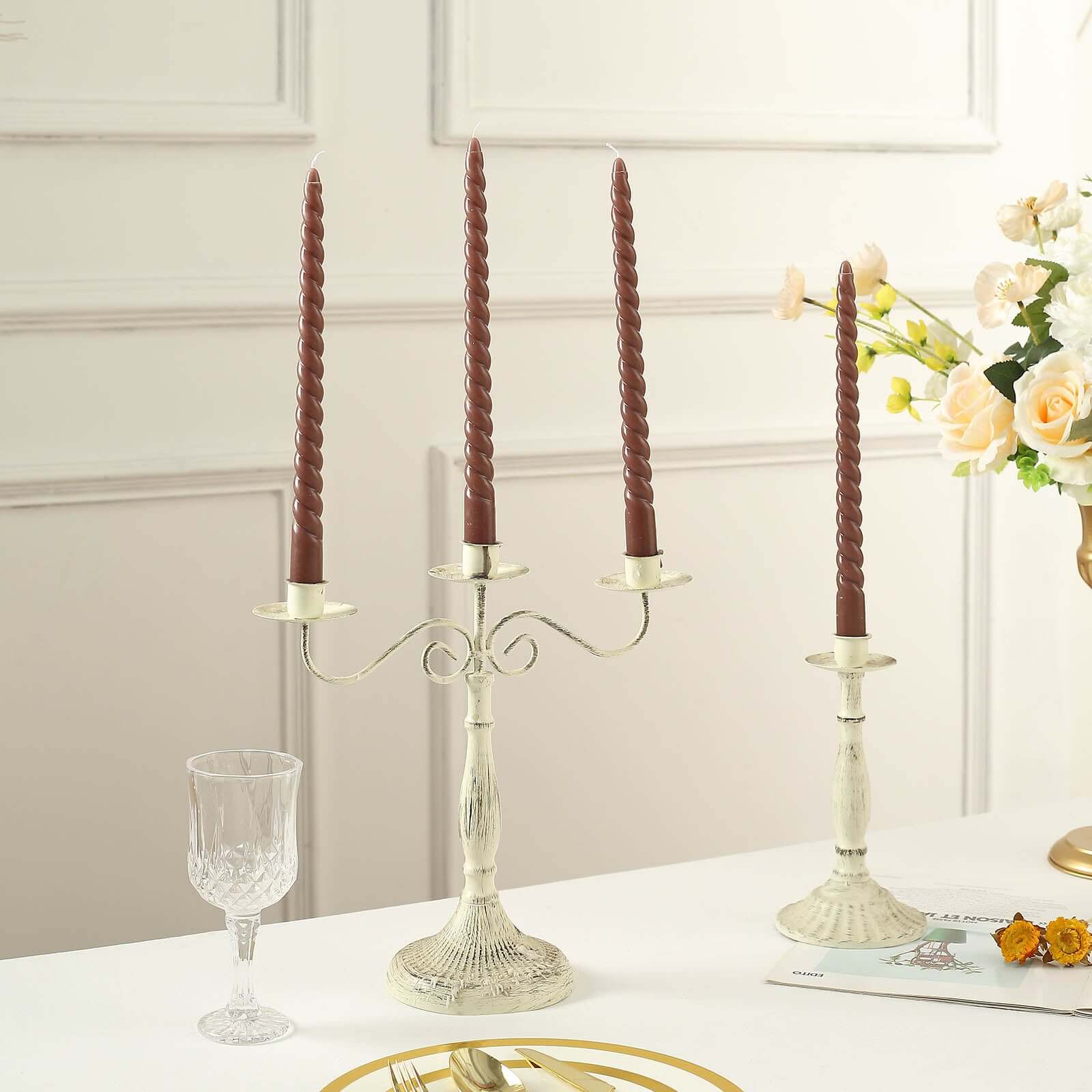 12-Pack Taper Candles Spiral Long Burn Wick Design Mocha Brown - Premium Unscented Wax Dinner Candle Sticks 11"