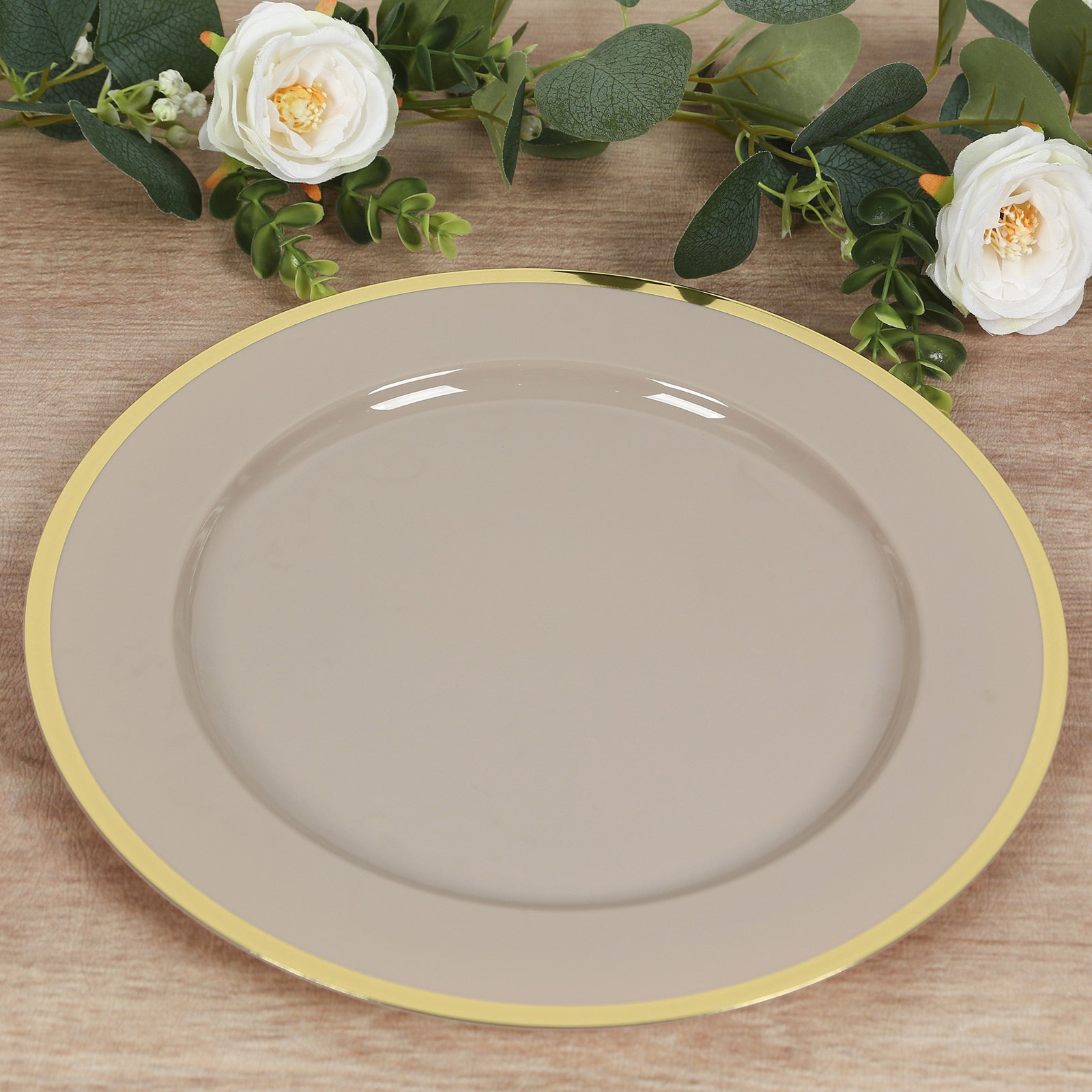 10 Pack Taupe Economy Plastic Charger Plates With Gold Rim, 12" Round Dinner Chargers Event Tabletop Decor
