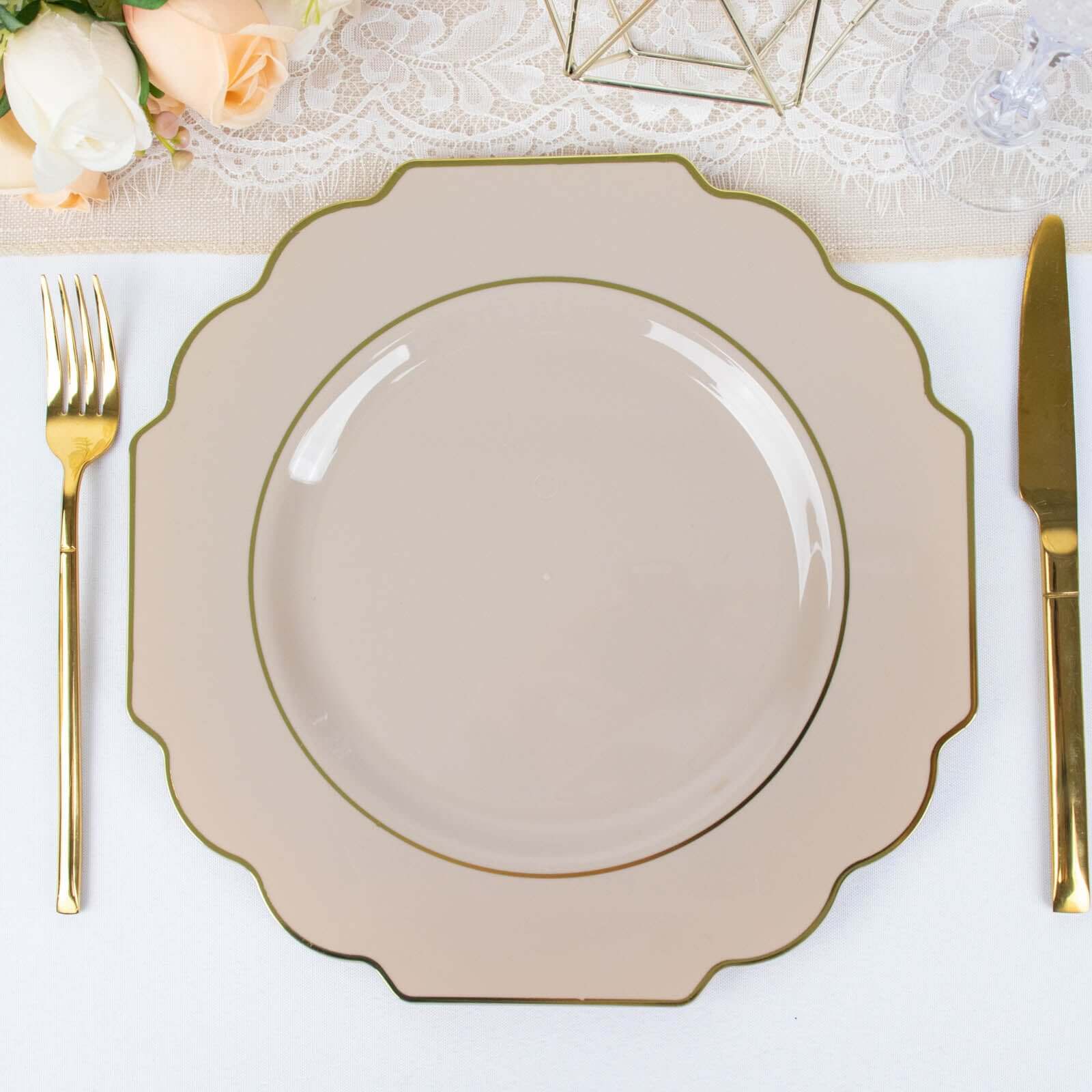 10-Pack Plastic Dinner Plates in Taupe Baroque Design with Scalloped Gold Rim - Heavy Duty Disposable Party Plates 11"