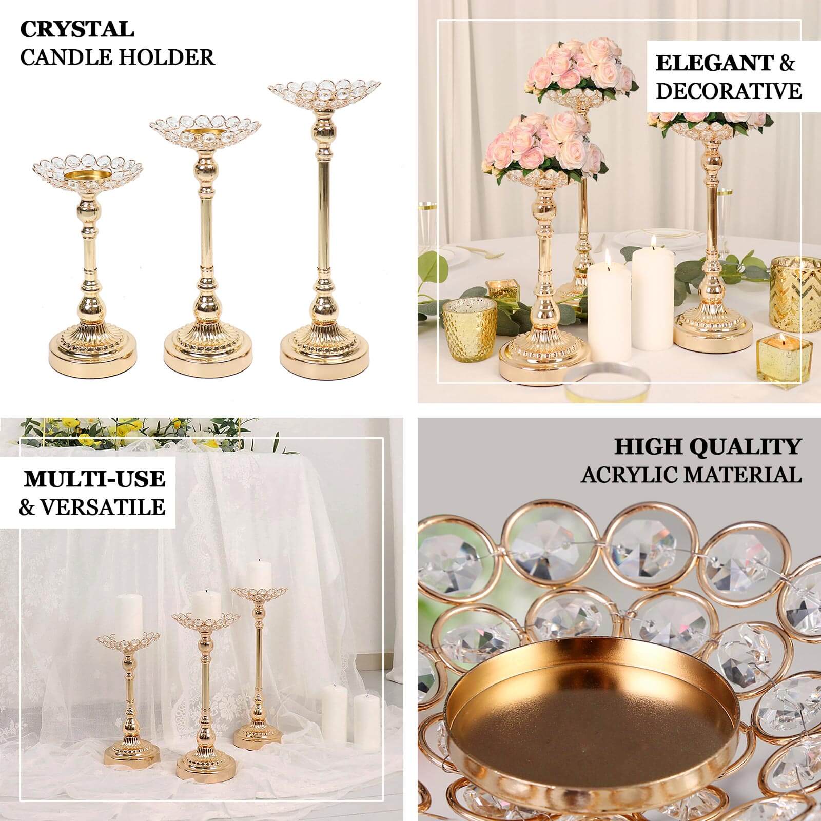 Set of 3 Metal Votive Candle Holders Crystal Beaded Design Gold - Tea Light Centerpieces 11", 13", 15"