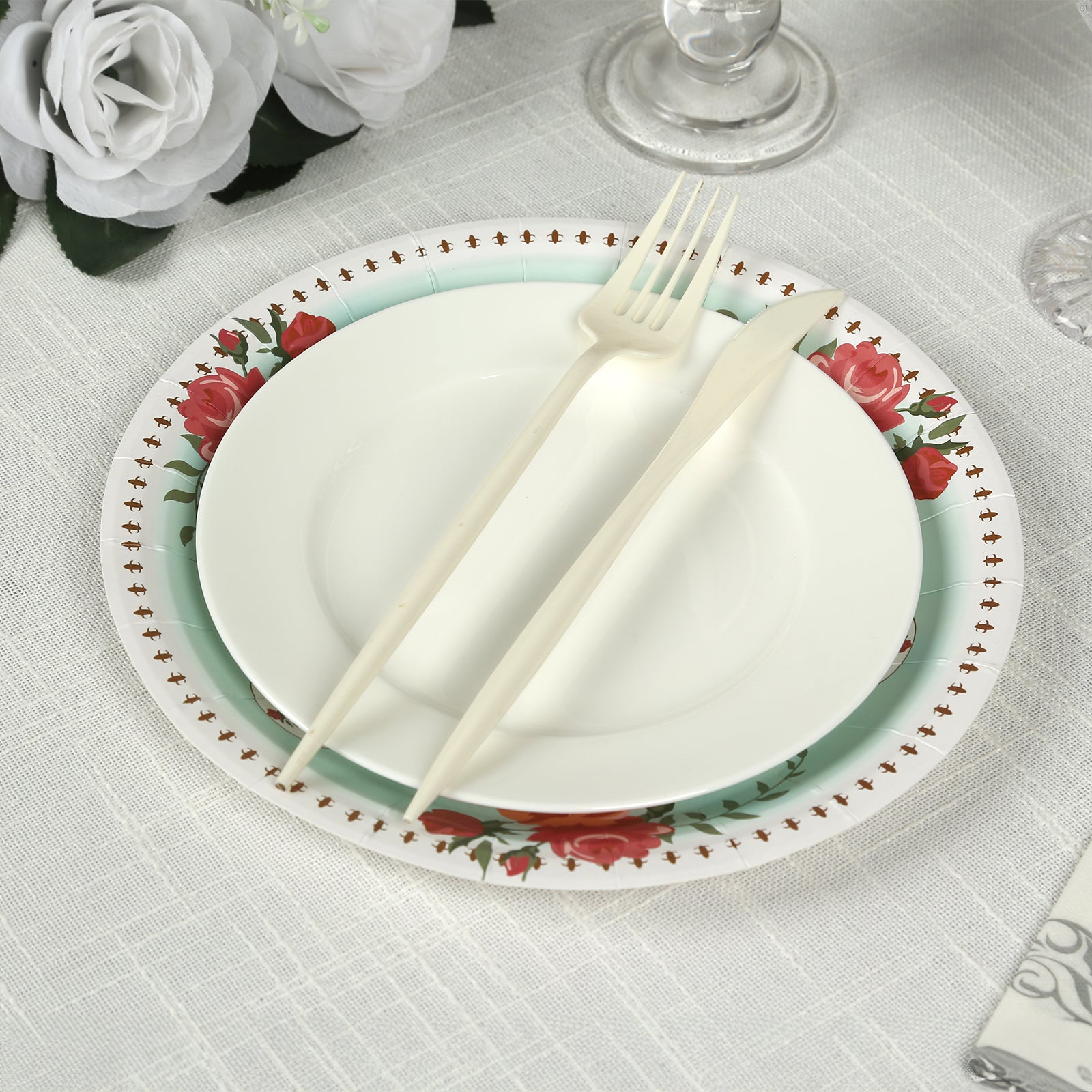 25-Pack Paper 9" Round Dinner Plates in Light Turquoise with Vintage Rose Flower Print