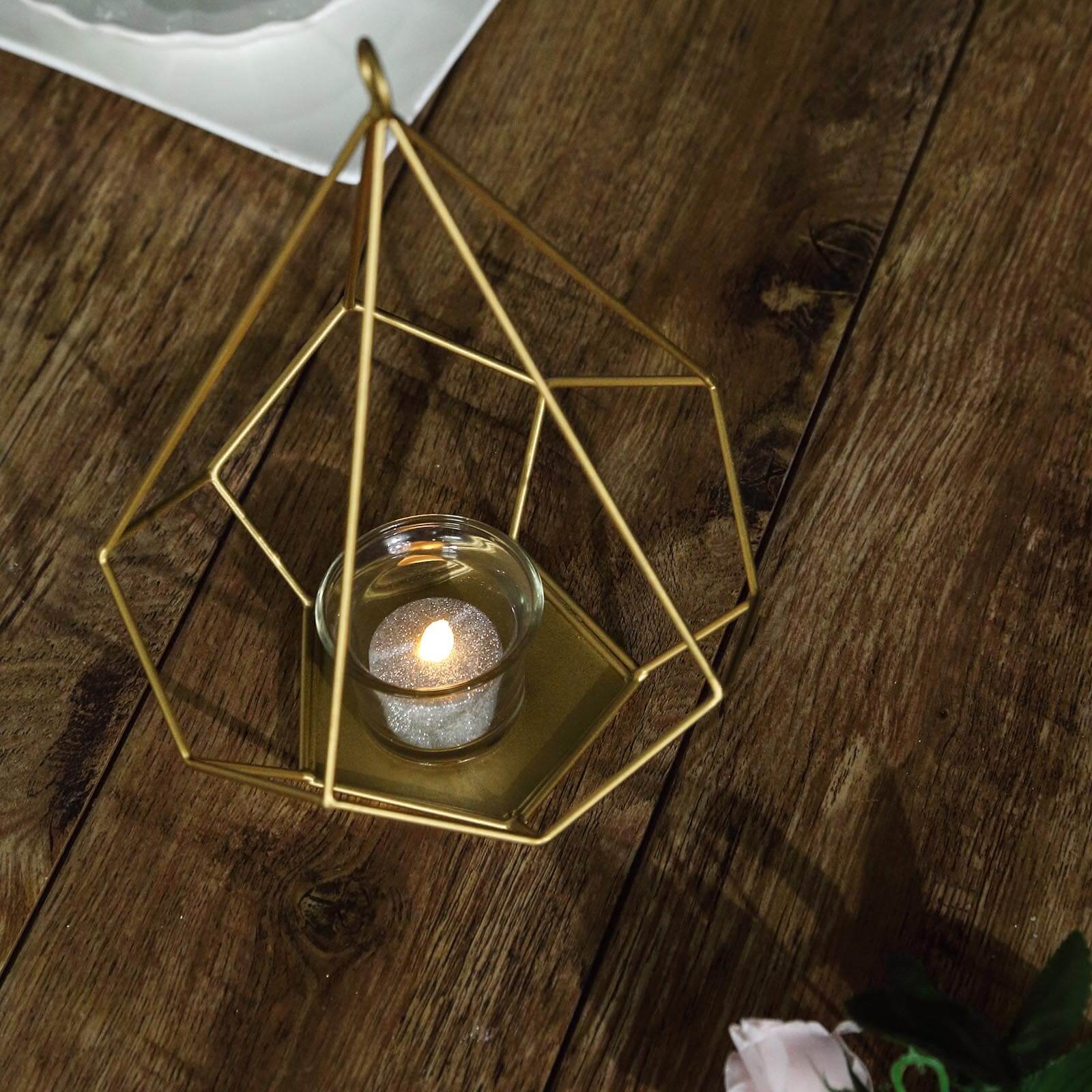 2-Pack Tealight Candle Holders Gold Metal Pentagon Geometric Open Frame - Flower Stand 9"