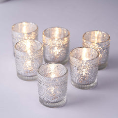 6-Pack Silver Glass Votive Tealight Holders - Stylish Primrose Design for Weddings & Décor